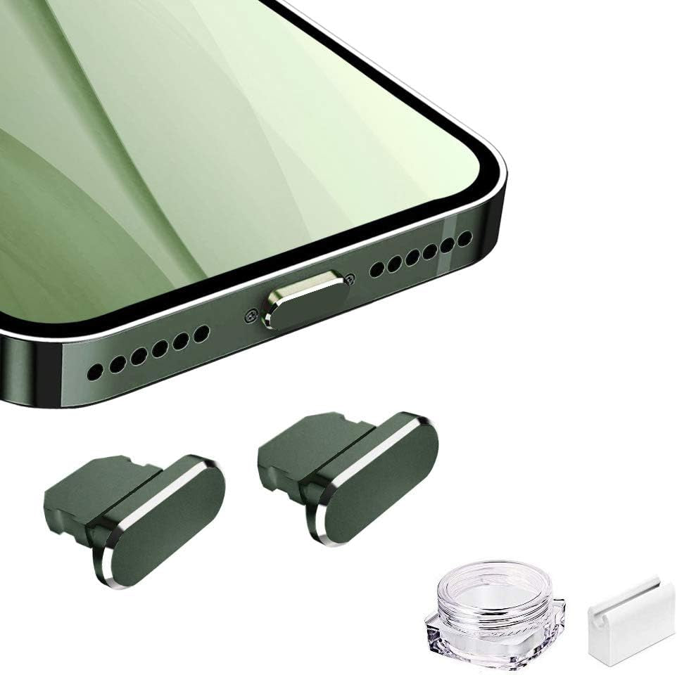 VIWIEU Metal anti Dust Plug Compatible with Iphone 14 13 12 11 X XS XR 8 7 SE Mini plus Pro Max Ipad Airpods, 2 Pack Lightning Charging Port Cover Protectors with Plug Holder and Storage Box (Black)  VIWIEU 04 Dark Green 2 PCS 