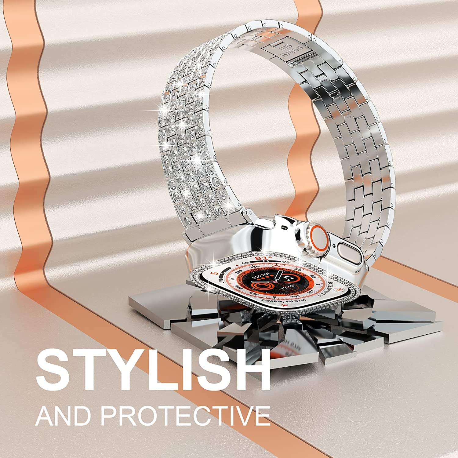 QVLANG Compatible Apple Watch Band Ultra 49Mm, Bling Series Band for Women + Diamond Rhinestone Case, Stainless Steel Metal Bracelet Strap for Iwatch Ultra (Silver, 49Mm)  QVLANG   