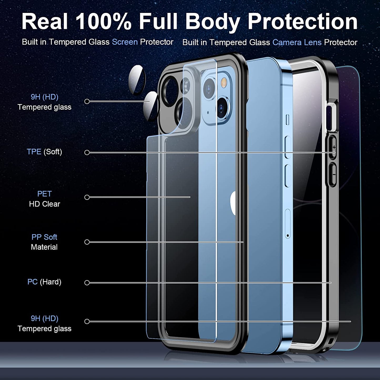 Temdan [Real 360 for Iphone 14 Case Waterproof, Built-In 9H Tempered Glass Camera Lens & Screen Protection [14FT Military Dropproof][Full-Body Shockproof][Dustproof][Ip68 Underwater] Phone Case  Temdan   