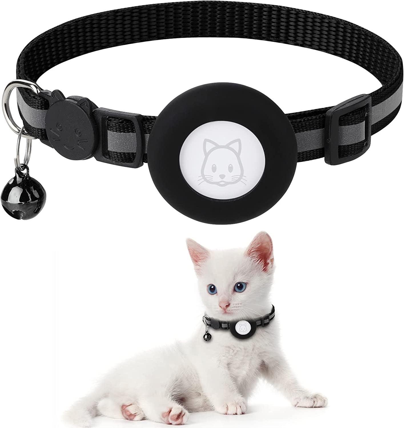 Airtag Cat Collar with Breakaway Bell, Reflective Paw Pattern Strap with Air Tag Case for Cat Kitten and Extra Small Dog (Pink Reflective Paw)  Kuaguozhe US Black  
