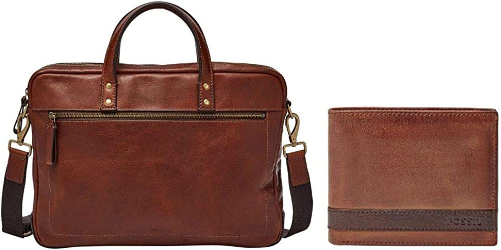 Fossil Men'S Quinn Leather Bifold Wallet  Fossil Brown + Haskell Bag  