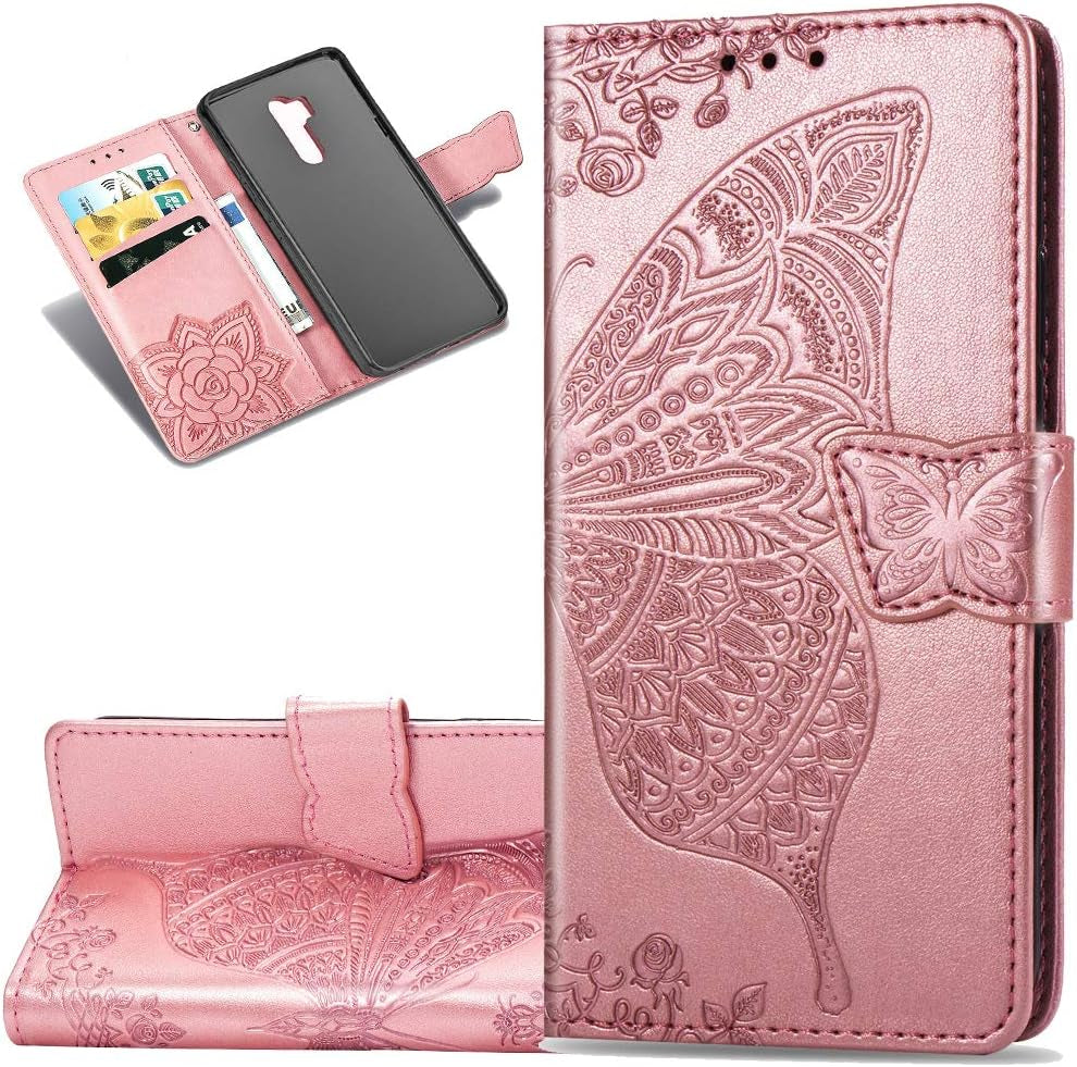 LEECOCO LG G7 Thinq Case Premium PU Leather Flip Wallet Case Butterfly Embossed Full Body Protection Flip Stand Card Holder Magnetic Cover for LG G7 Thinq/Lg G7 One Big Butterfly Light Purple SD  LEECOCOO Sd]Big Butterfly: Rose Gold  