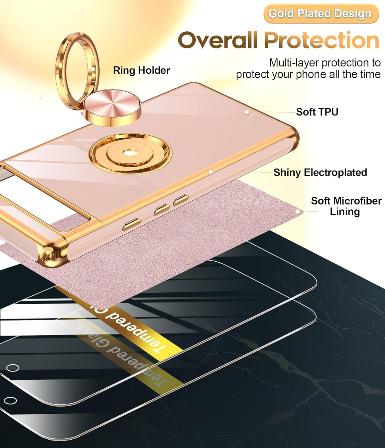 Leyi for Pixel 6A Case: with Tempered Glass Screen Protector [2 Pack] 360° Rotatable Ring Holder Magnetic Kickstand, Plating Rose Gold Edge Protective Google Pixel 6A Case, Pink  LeYi   