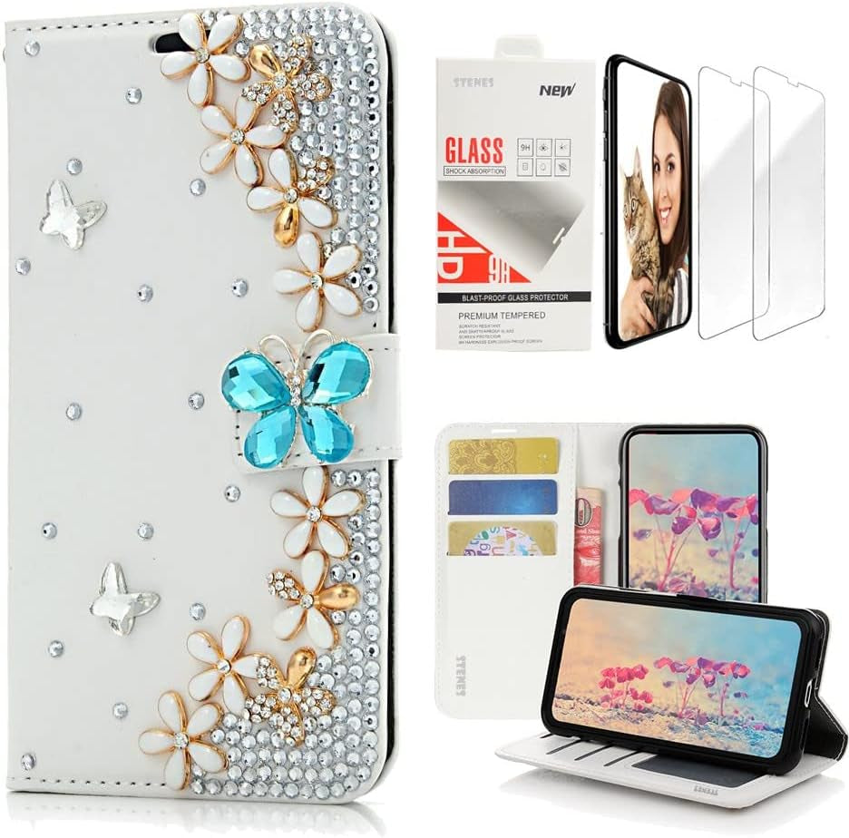 STENES Bling Wallet Case Compatible with LG G7 Thinq - Stylish - 3D Handmade Flowers Design Leather Case with Wrist Strap & Screen Protector [2 Pack] - Pink  STENES Butterfly Flowers Floral / Blue Design For Samsung Galaxy S23 Plus 