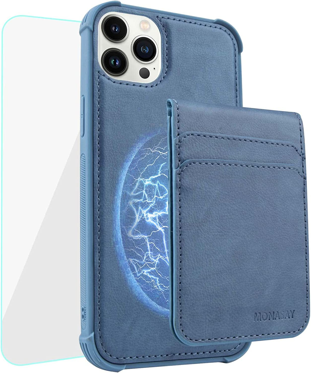 MONASAY Magwallet Case for Iphone 13 Pro Max,[Support Magsafe Wireless Charging][Glass Screen Protector] Flip Magnetic Leather Wallet Phone Cover with Detachable RFID Blocking Card Holder, Dark Green  MONASAY Light blue  