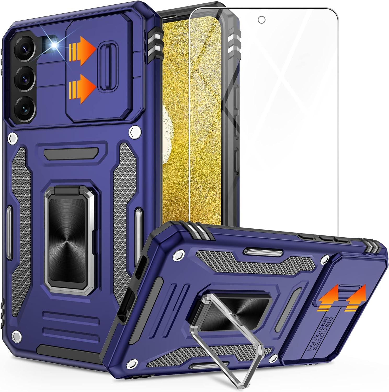 Galaxy S22 Case，S22 Case with Slide Camera Cover and Screen Protector, Shockproof Samsung S22 Galaxy Case with 360° Magnetic Ring Holder Kickstand Phone Case for Samsung S22 Black  Gritup Blue  