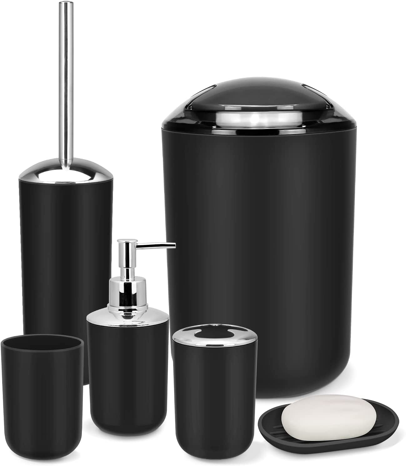 IMAVO Bathroom Accessories Set, 6-Piece Plastic Gift Set, Toothbrush Holder, Toothbrush Cup, Soap Dispenser, Soap Dish, Toilet Brush Holder, Trash Can (Grey)  IMAVO Black  