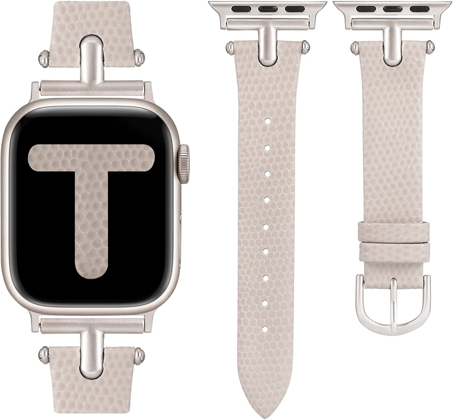 Wearlizer Leather Band Compatible with Apple Watch Band Women 38Mm 40Mm 41Mm 42Mm 44Mm 45Mm 49Mm Dressy Fashion Leather Strap with T-Shape Metal Buckle for Iwatch Bands Ultra SE Series 8 7 6 5 4 3 2 1  Wearlizer Lizard Starlight/Starlight Buckle 42/44/45/49mm 
