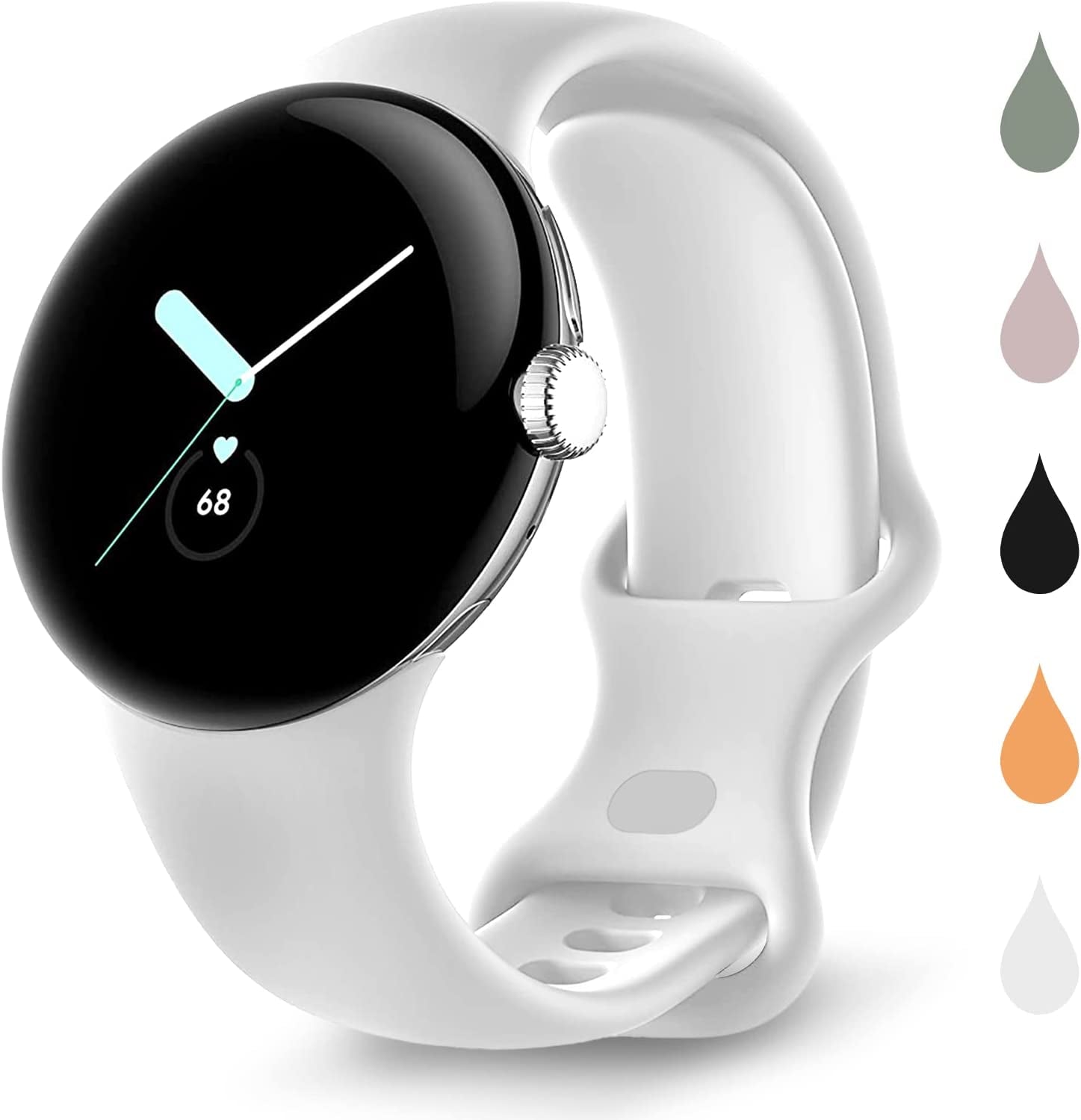 BMINEN Bands 4 Pack for Google Pixel Watch Band, Soft Silicone Wristband Women Men Waterproof Sport Strap Band for Google Pixel Watch 2022 (L, 4PACS-A-L)  BMINEN White Small 