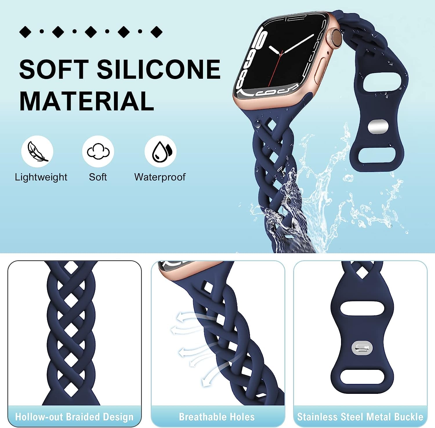 Braided Silicone Bands Compatible with Apple Watch 38Mm 40Mm 41Mm for Women, Slim Thin Narrow Hollow-Out Replacement Strap Cute Wristbands Adjustable for Iwatch Series SE 8/7/6/5/4/3/2/1 Women 2 Pack  Bandiction   