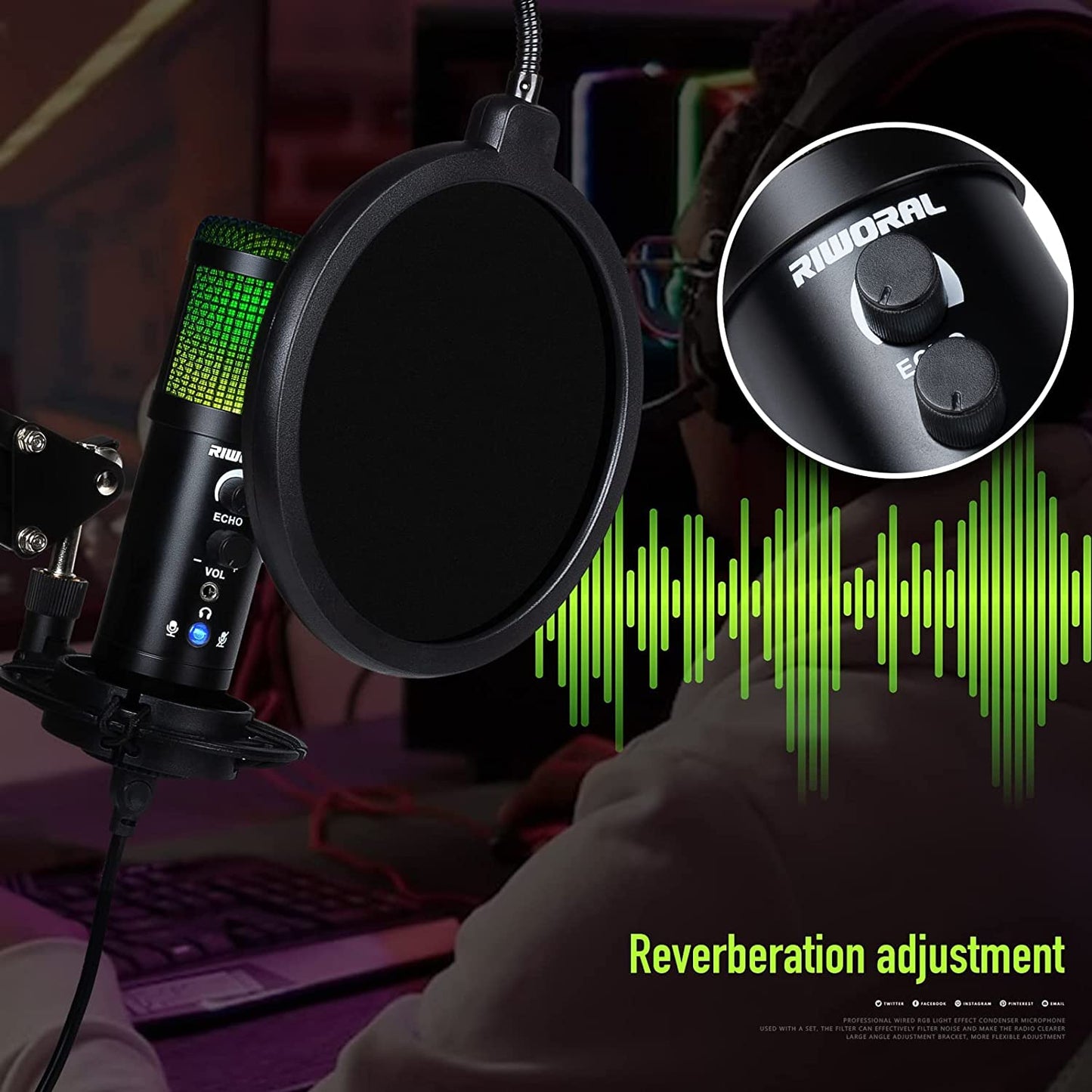 Riworal USB Microphone Gaming Microphone with Adjustable Boom Arm RGB Condenser Mic Kit Plug & Play Studio Recording Microphone for Smartphone Laptop Ps4 Ps5  Riworal   