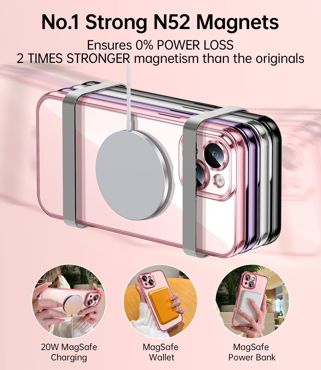 JUESHITUO Magnetic Matallic Glossy Clear for Iphone 14 Case with Full Camera Cover Protection [No.1 Strong N52 Magnets] [Military Grade Drop Protection] for Women Girls Phone Case (6.1")-Pink  JUESHITUO   