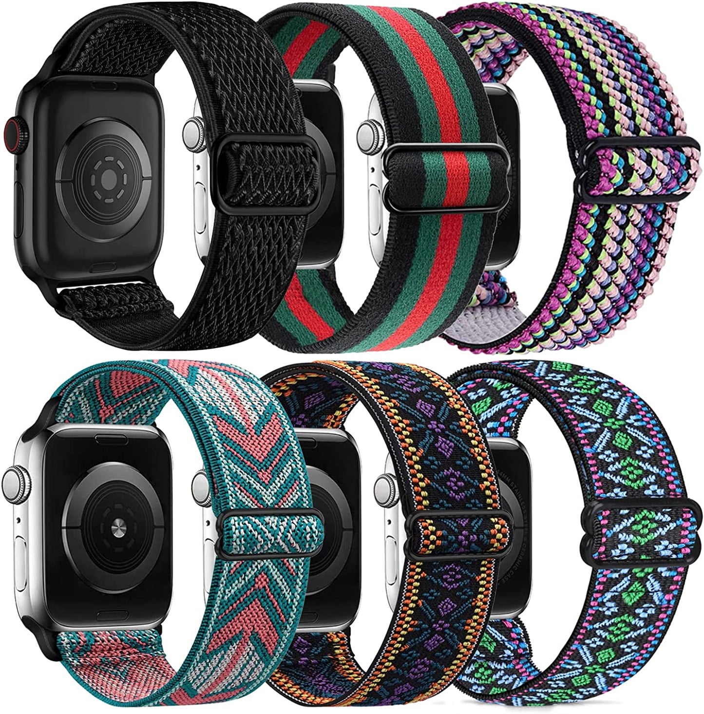 Adjustable Elastics Band Compatible with Apple Watch 38Mm 40Mm 41Mm 42Mm 44Mm 45Mm, Sport Solo Loop Stretch Nylon Replacement Wristband for Iwatch SE Series 8 7 6 5 4 3 2 1  LHXYUO Boho Green/Boho Purple/Green Arrow/Black Green Red/ Boho Colorful 42/44/45mm 