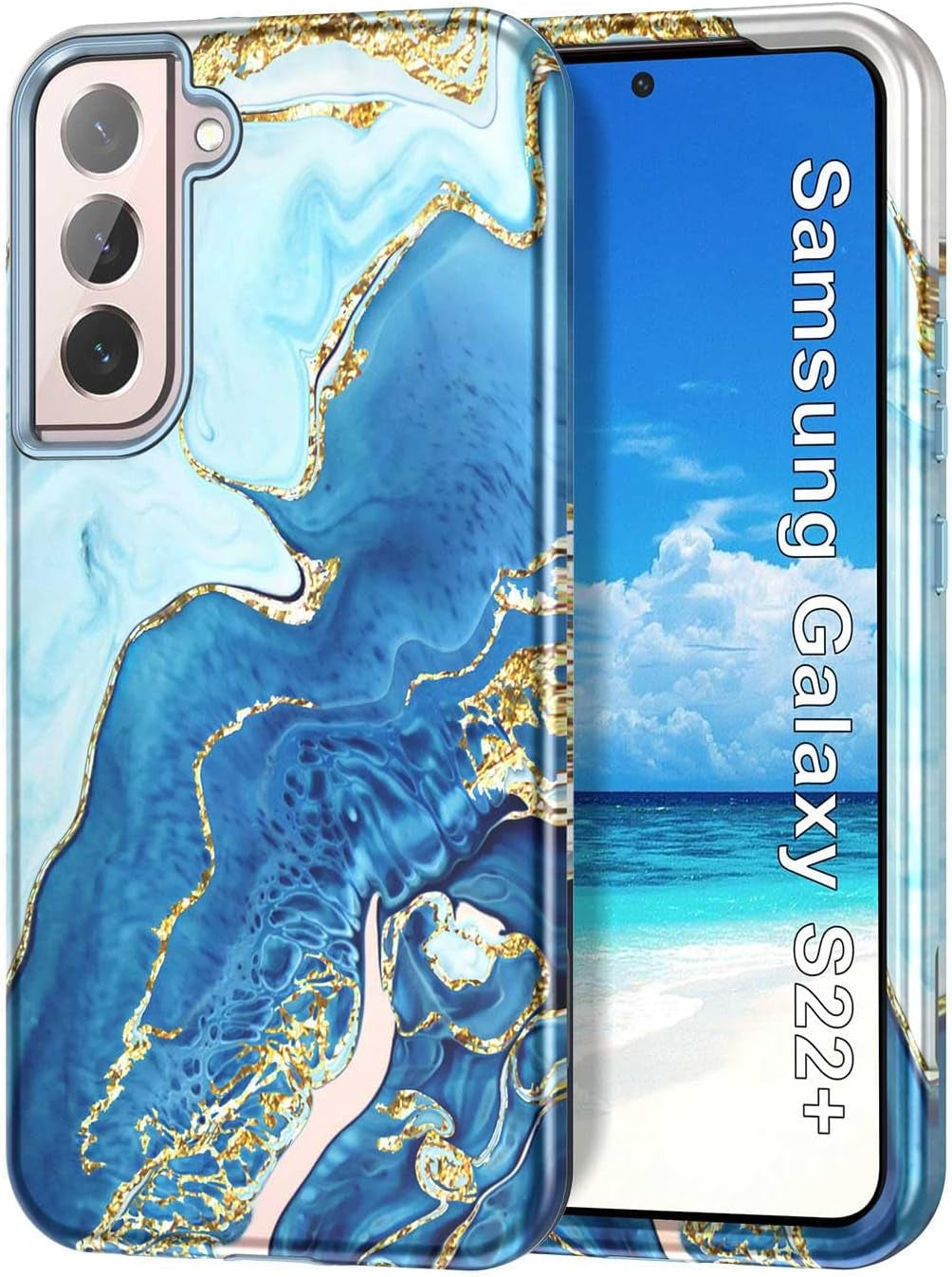 Btscase for Samsung Galaxy S22+/S22 plus 5G Case, Marble Pattern 3 in 1 Heavy Duty Shockproof Full Body Rugged Hard Pc+Soft Silicone Drop Protective Women Girl Covers for S22+/S22 Plus, Blue Gray  Btscase Blue White  