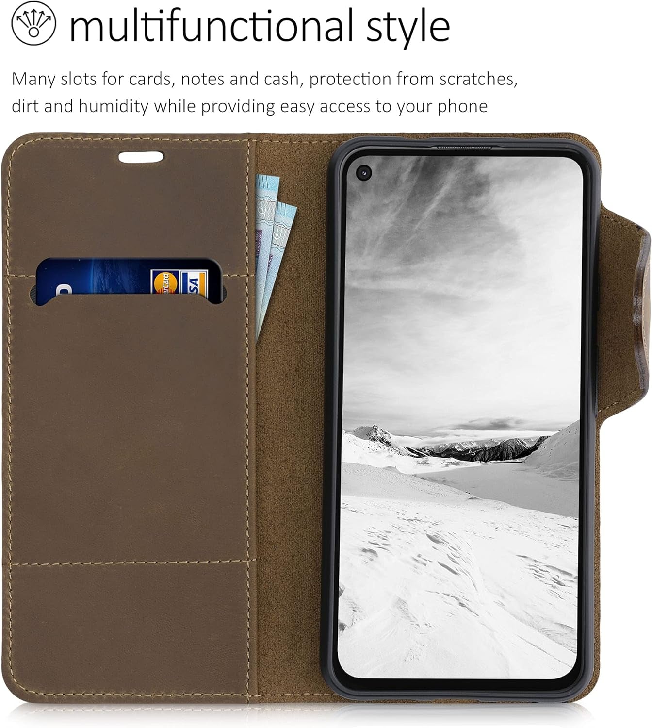 Kalibri Case Compatible with Google Pixel 4A 5G - Case Real Leather Protective Wallet Cover with Card Slot - Brown  kalibri   