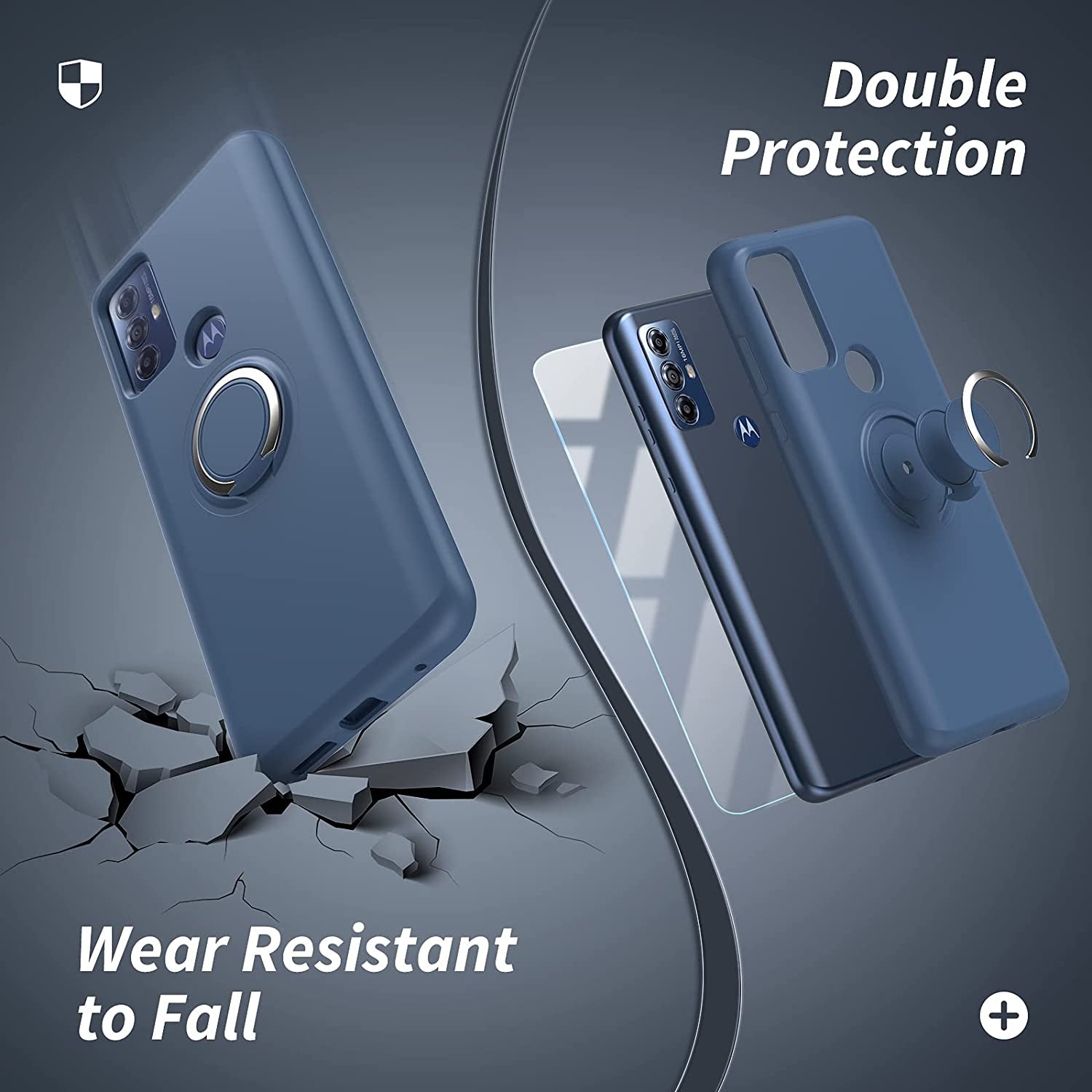 For Motorola Moto G Play 2023 | G Power 2022 | G Pure 2021 Case: with 2 Pack Tempered Screen Protector & Built in 360° Adjustable Ring Kickstand Shockproof Protection Soft TPU Silicone Phone Cover  TUNKARMOR   
