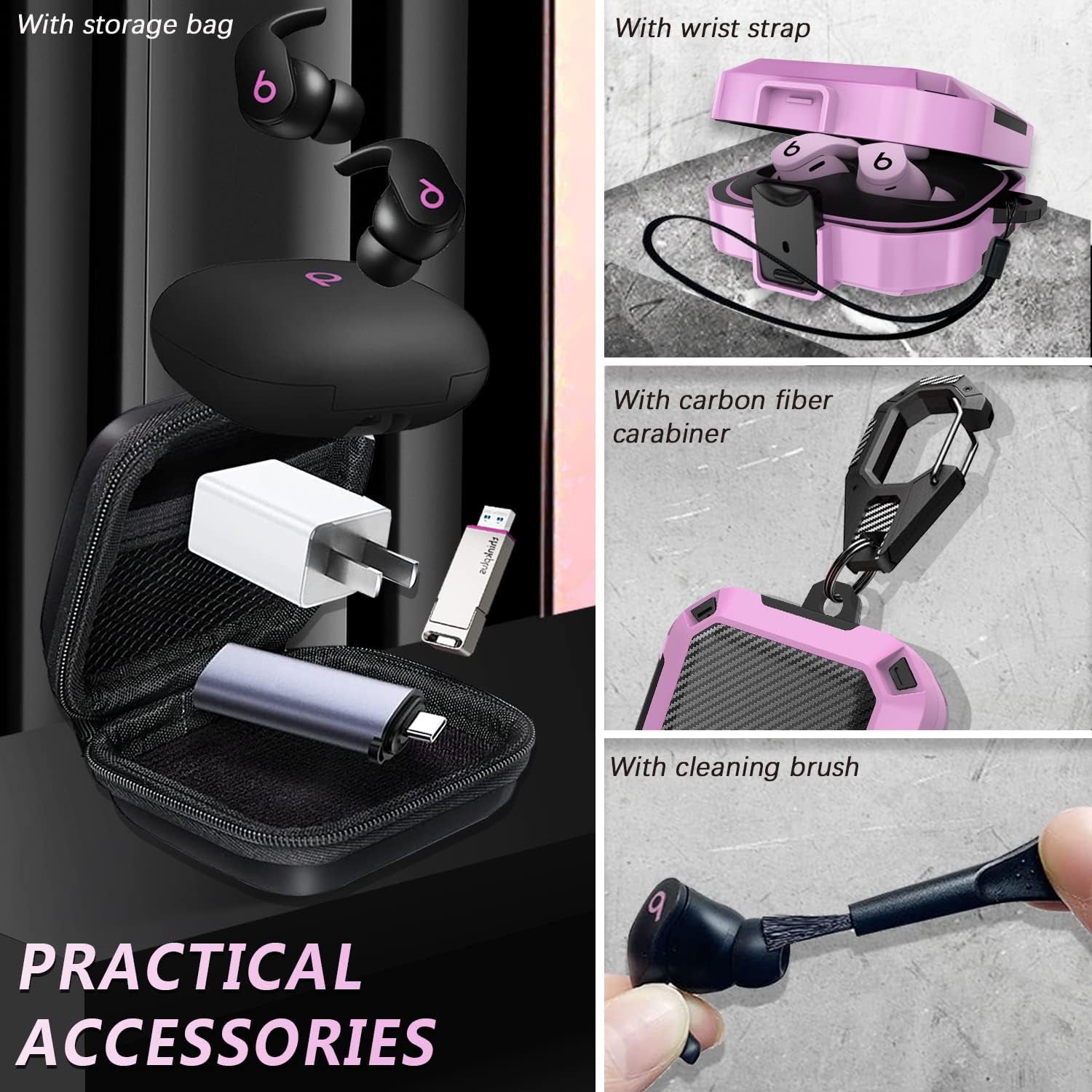 Secure Lock Case for Beats Fit Pro 2021, Carbon Fiber Texture Beats Fit Pro Earbuds Case Cover with Anti-Lost Keychain/Storage Box/Cleaning Brush/Wrist Strap (Pinkish Purple)  Mooyavia   