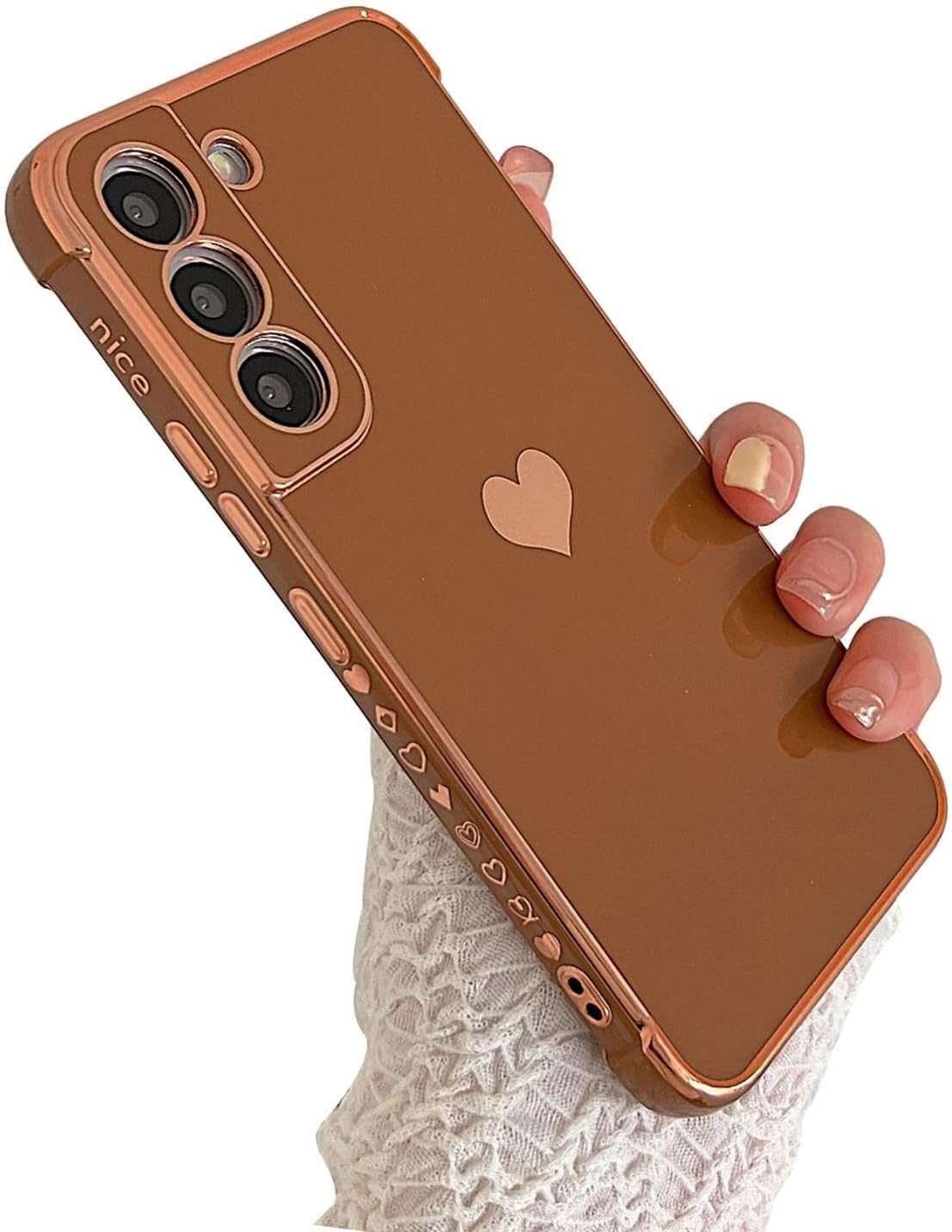 Phylla Compatible with Samsung Galaxy S21+ plus 6.7” 5G Case,Luxury Plating Cute Love Heart Side Small Pattern Phone Case,Full Camera Protection Soft Silicone Shockproof Bumper Cover (Pink)  phylla Brown  