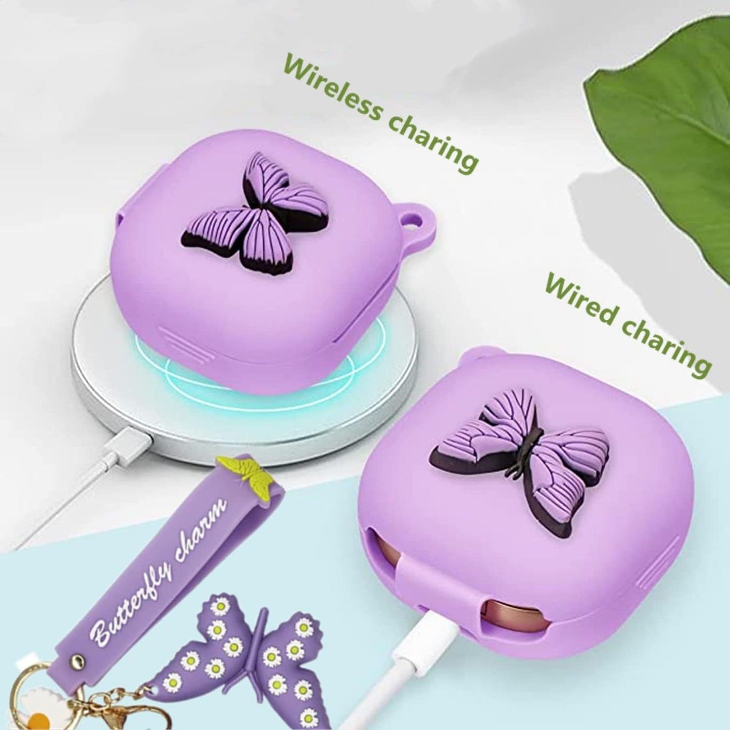 Silicone Case Compatible with Samsung Galaxy Buds 2 Case (2021) / Galaxy Buds Pro Case (2021) / Galaxy Buds Live Case (2020) with Butterfly Keychain Kit Case Gift for Women Girl Kids Teens (Purple)  XBAbikhonsr-02   