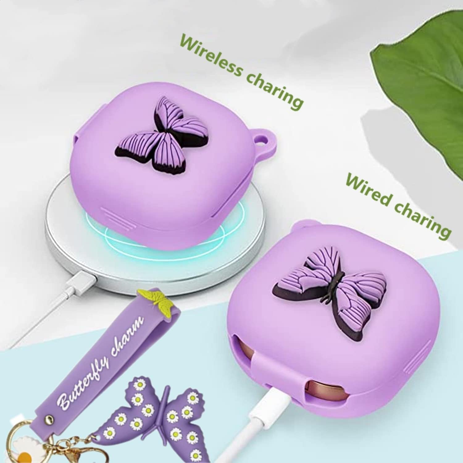 Silicone Case Compatible with Samsung Galaxy Buds 2 Case (2021) / Galaxy Buds Pro Case (2021) / Galaxy Buds Live Case (2020) with Butterfly Keychain Kit Case Gift for Women Girl Kids Teens (Purple)  XBAbikhonsr-02   