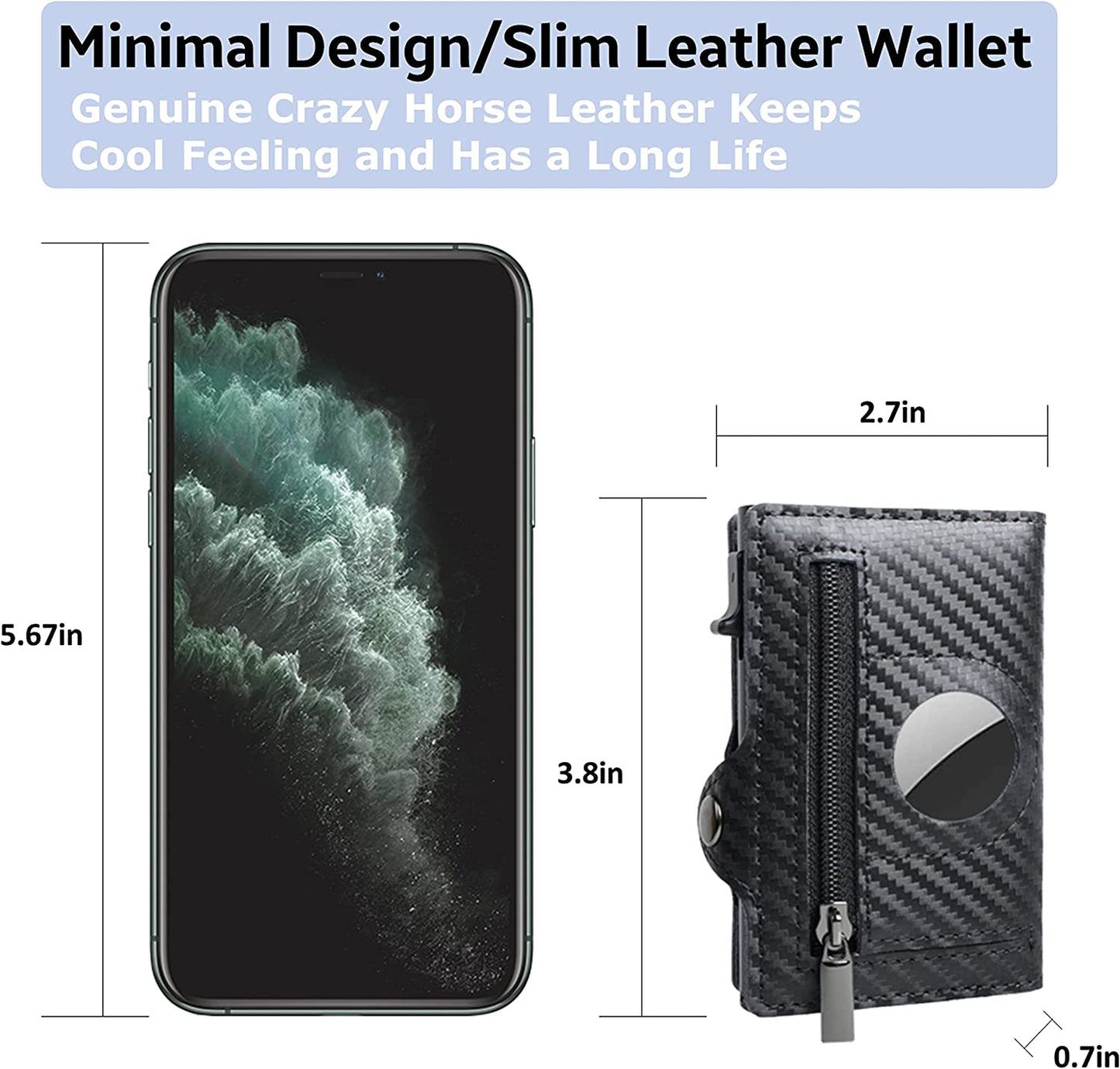 Airtag Wallet Genuine Premium Leather Credit Card Money Holder Airtag Cover Air Tag Case Automatic Pop up Wallet Aluminum Slim Pocket Bifold (Carbon Fiber)  Generic   