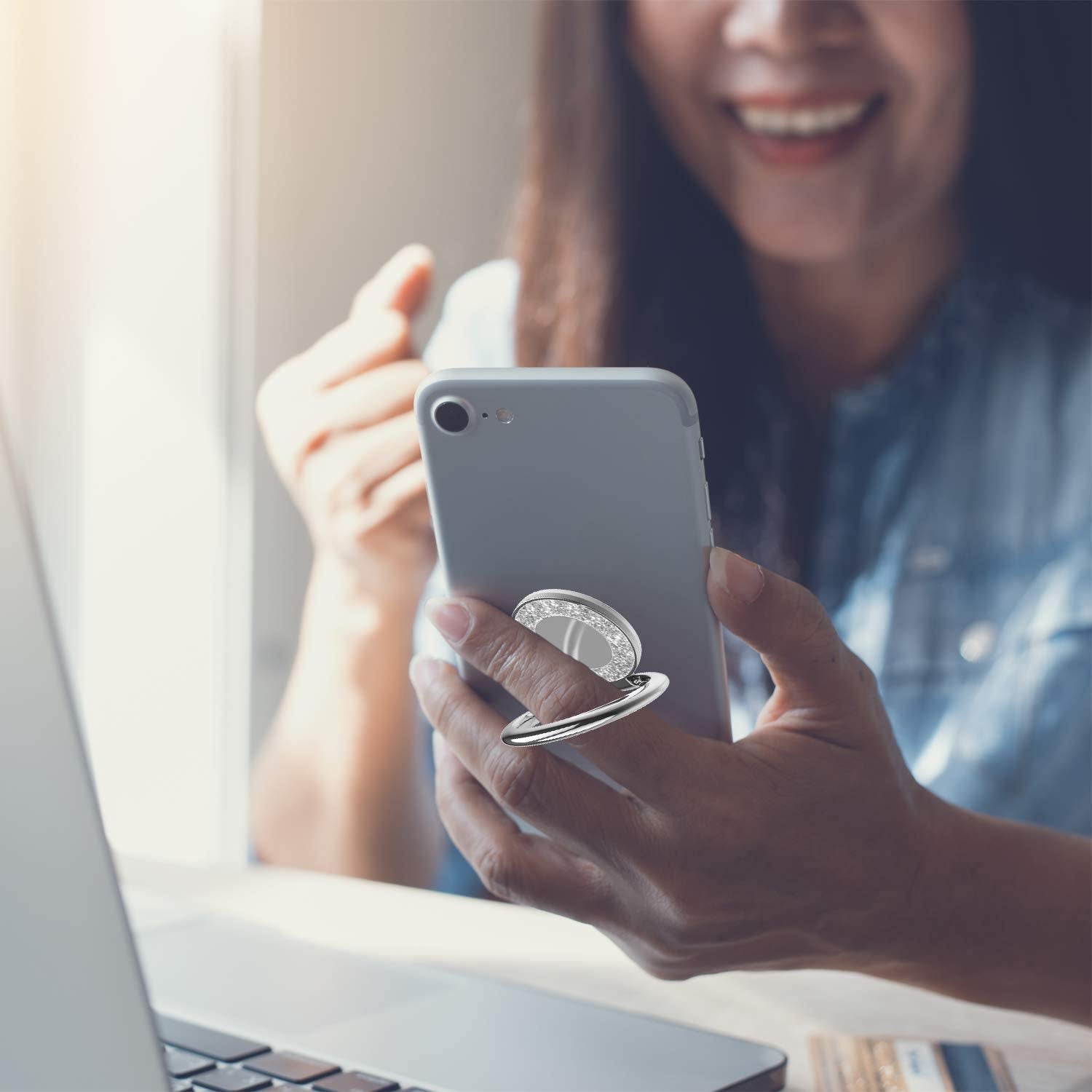 Cell Phone Ring Holder Finger Kickstand - Pikabo 360 Degree Rotation Metal Ring Grip for Magnetic Car Mount Compatible with Iphone, Samsung, All Smartphone. (Glitter Silver)  Pikabo   