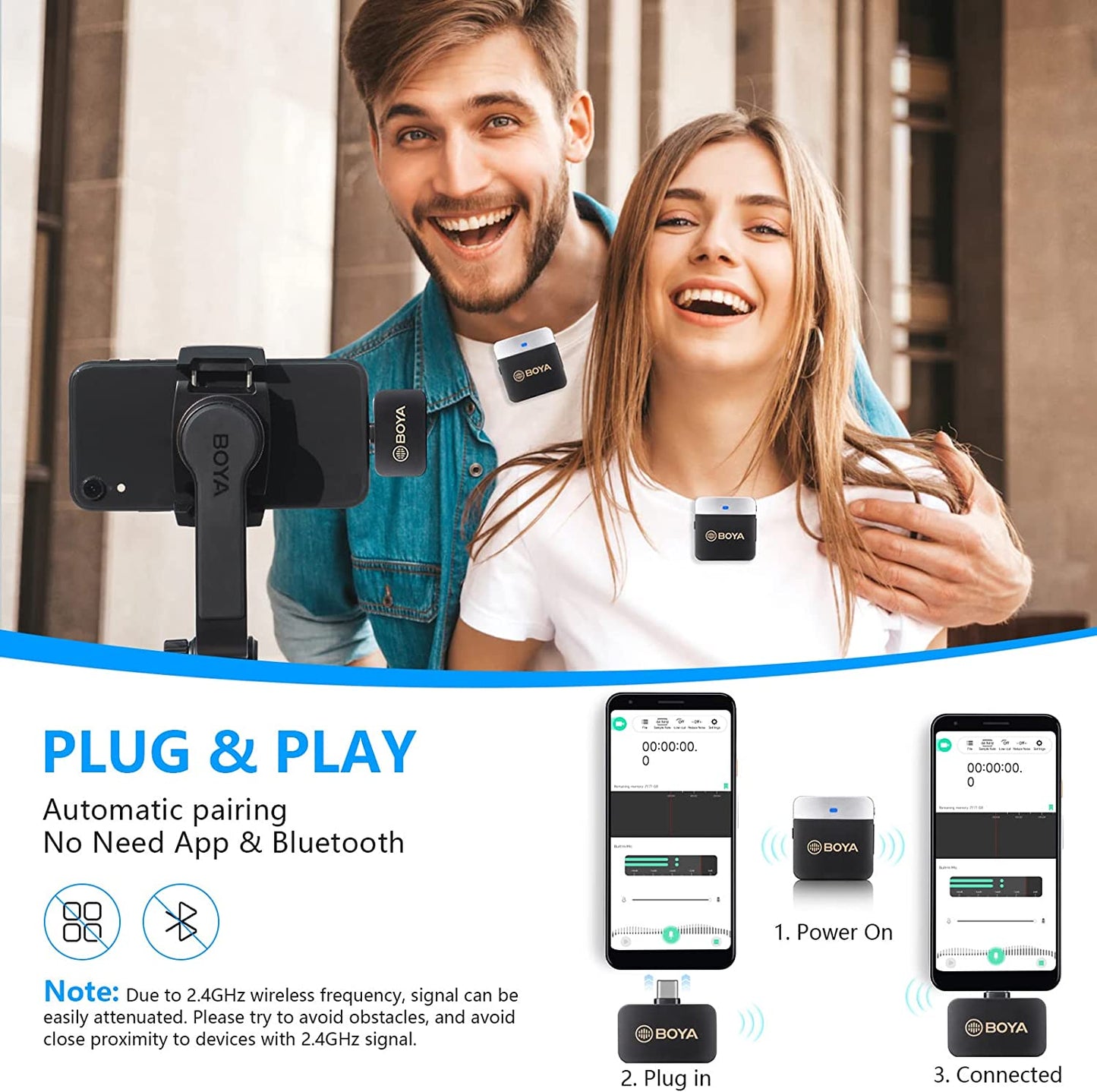 BOYA Wireless Lavalier Microphone for Android Phone Plug Play USB-C Lapel Microphone Noise Cancellation Cordless Clip on Mic for Video Recording Interview Youtube Vlogging Live Streaming BY-M1V4  BOYA   