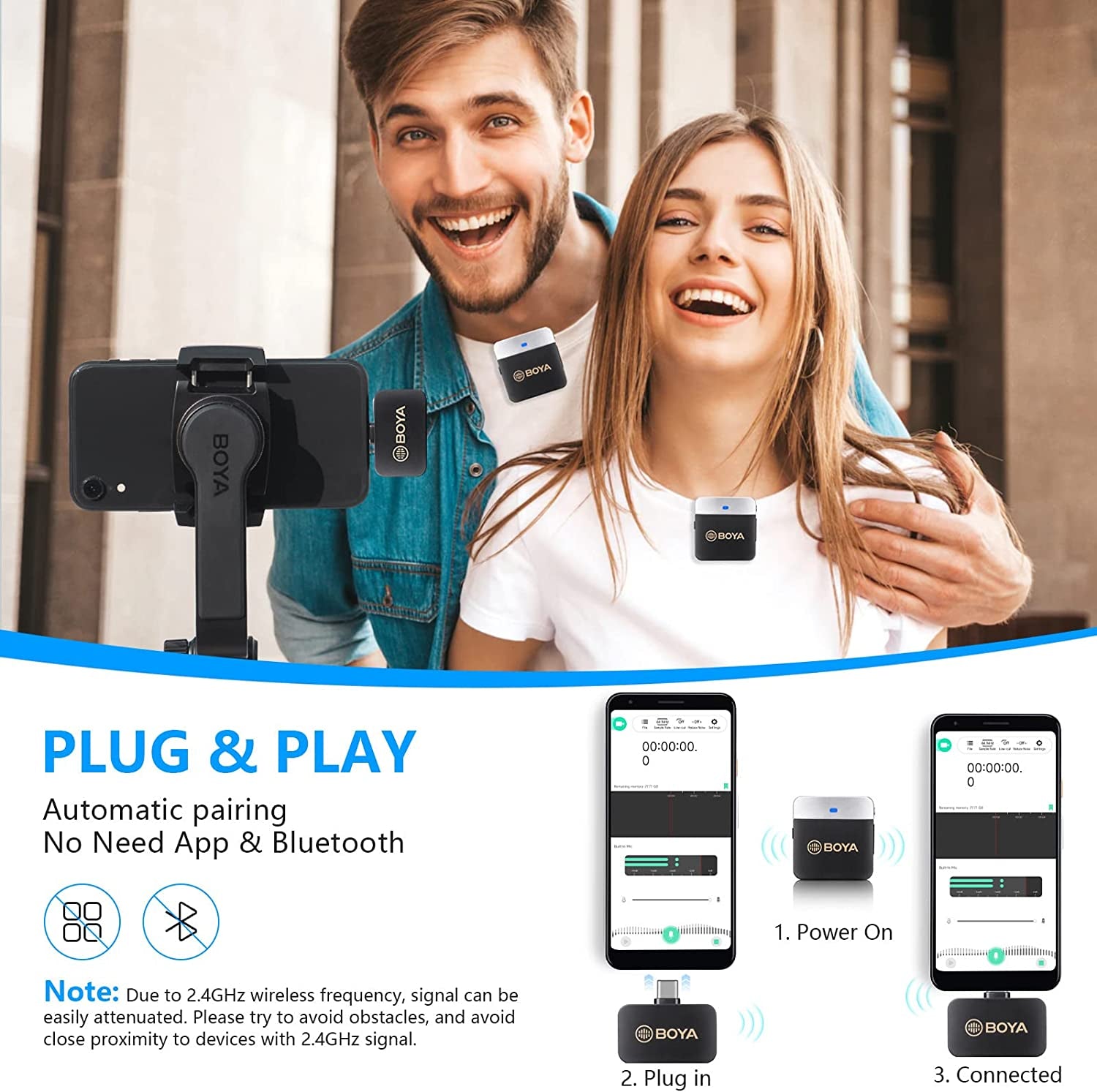 BOYA Wireless Lavalier Microphone for Android Phone Plug Play USB-C Lapel Microphone Noise Cancellation Cordless Clip on Mic for Video Recording Interview Youtube Vlogging Live Streaming BY-M1V4  BOYA   