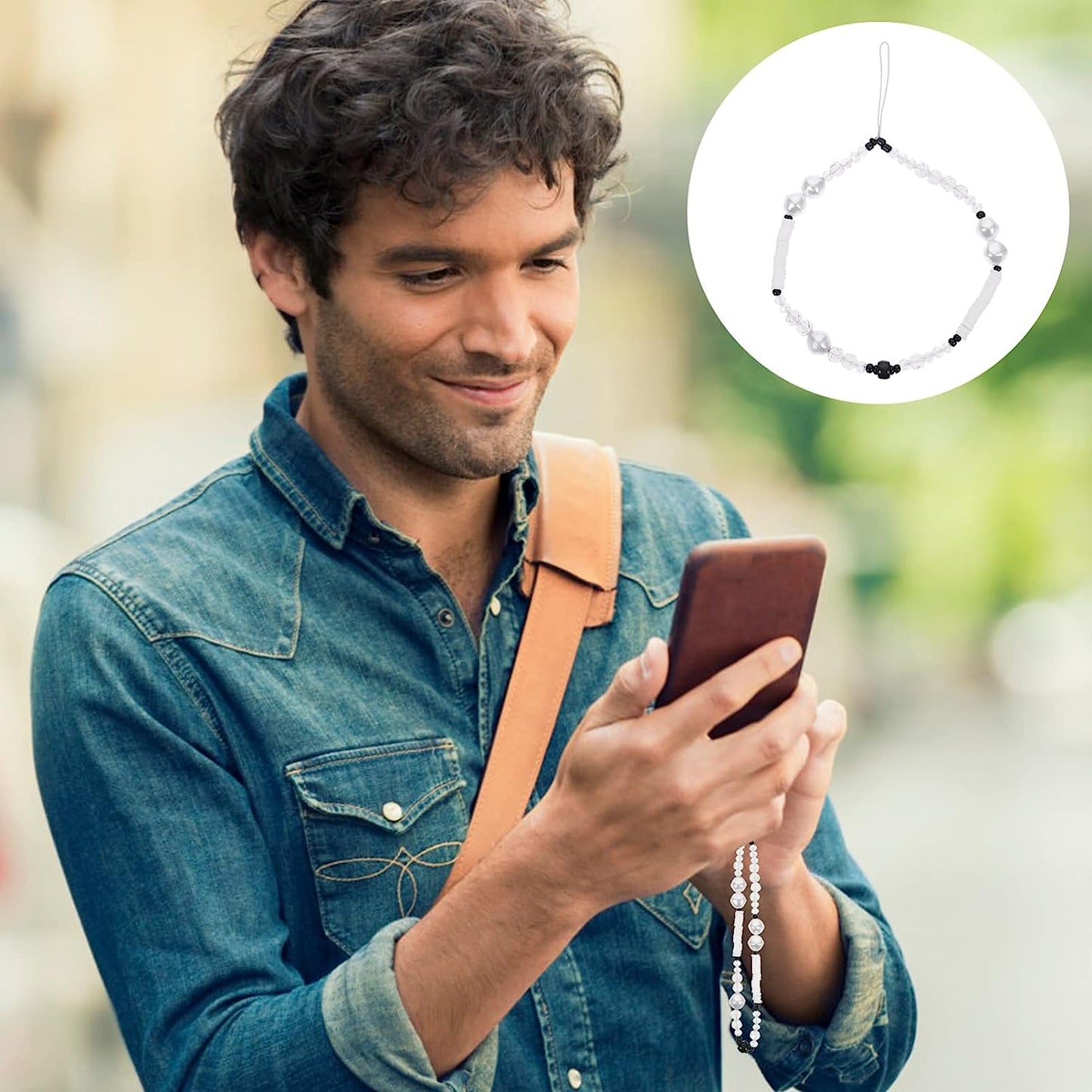 Unomor Keychain Wristlet Beaded Phone Lanyard Polymer Clay Beads Phone Charm Anti- Slip Phone Chain Strap Phone Wristband for Phone Camera Flashlight (White) Key Ring Wristlet  Unomor   