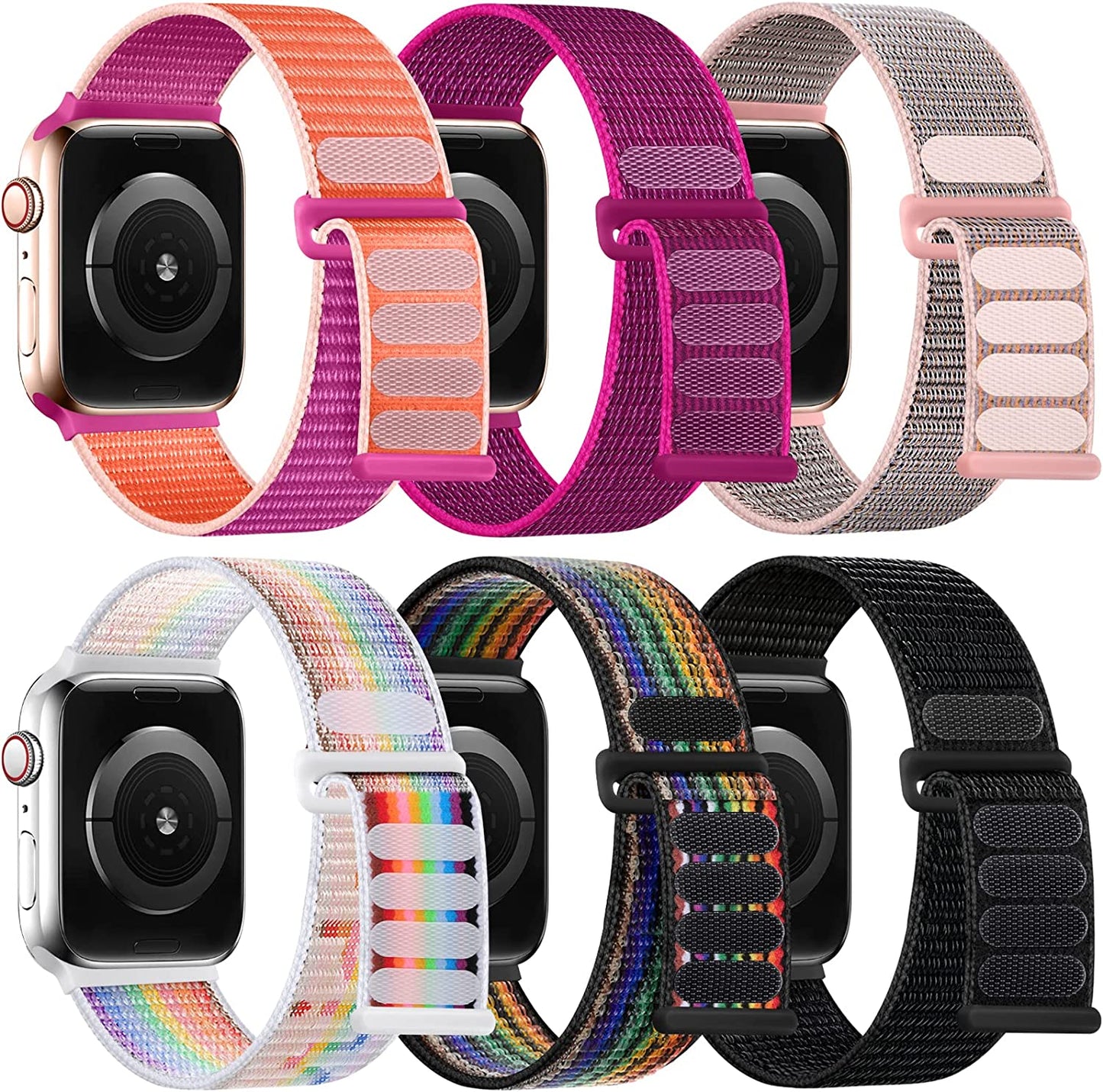 WJK 6 Pack Stretchy Nylon Solo Loop Bands Compatible with Apple Watch 38Mm 40Mm 41Mm 42Mm 44Mm 45Mm 49Mm Women Men, Adjustable Braided Sport Elastic Wristband for Iwatch Ultra SE Series 8 7 6 5 4 3 2 1  WJK Black/Pink Sand/Dragon Fruit/Pomegranate/Pride Rainbow/Dark Rainbow 42mm/44mm/45mm/49mm 