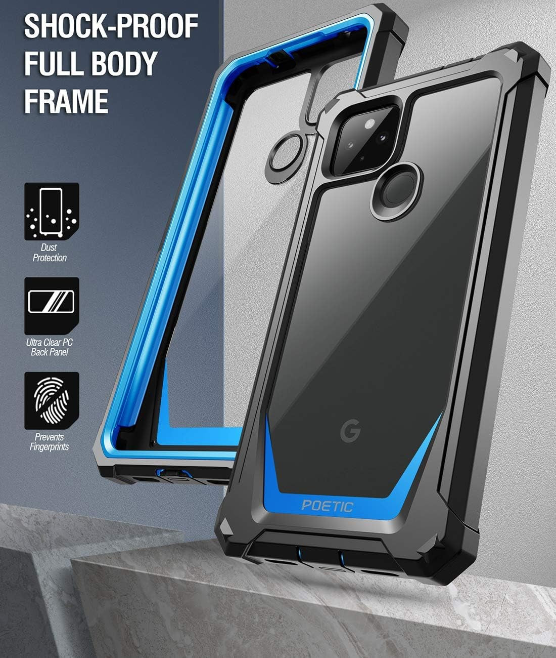 Poetic Guardian Series Designed for Google Pixel 4A 5G Case 6.2 Inch (2020), Full-Body Hybrid Shockproof Bumper Cover with Built-In-Screen Protector, Blue/Clear  Poetic   