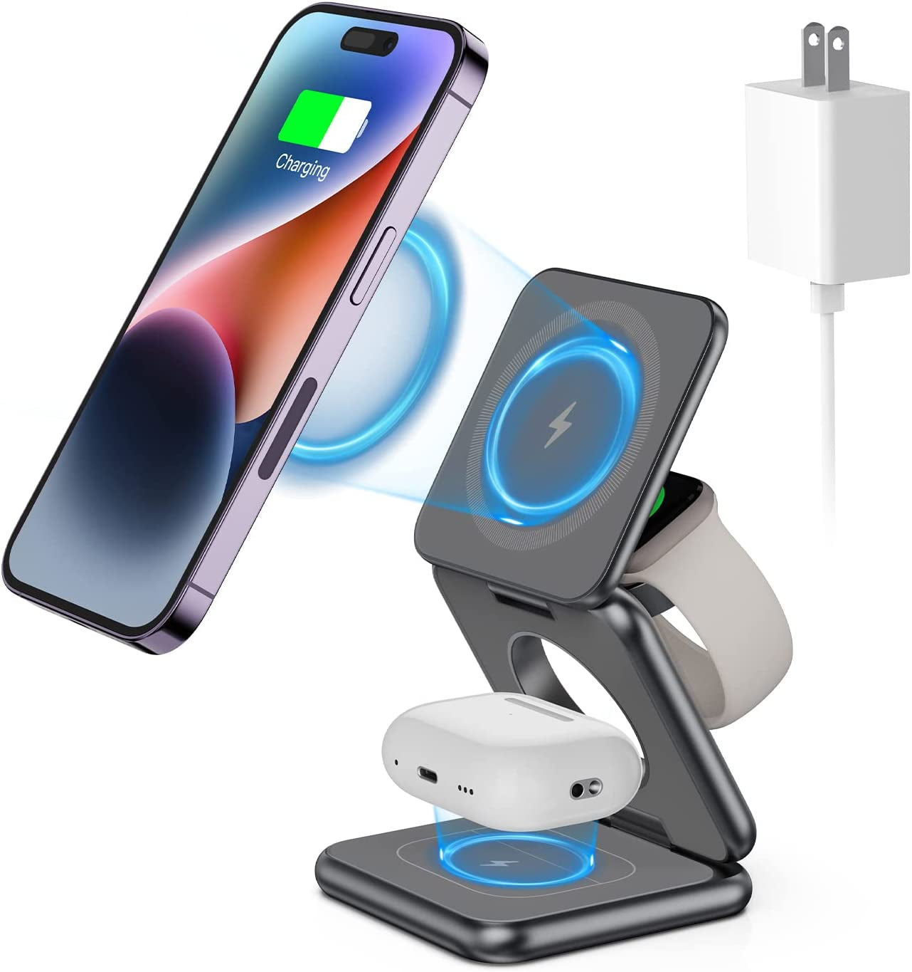 Foldable Magnetic Wireless Charger, Aluminum Alloy 3 in 1 Charging Station for Apple, KU XIU 15W Fast Mag-Safe Charger Stand for Iphone 14 13 12 Pro/Max/Plus, Airpods 3/2/Pro, Iwatch(Adapter Included)  Shenzhen Dipinle Technology Co., Ltd   