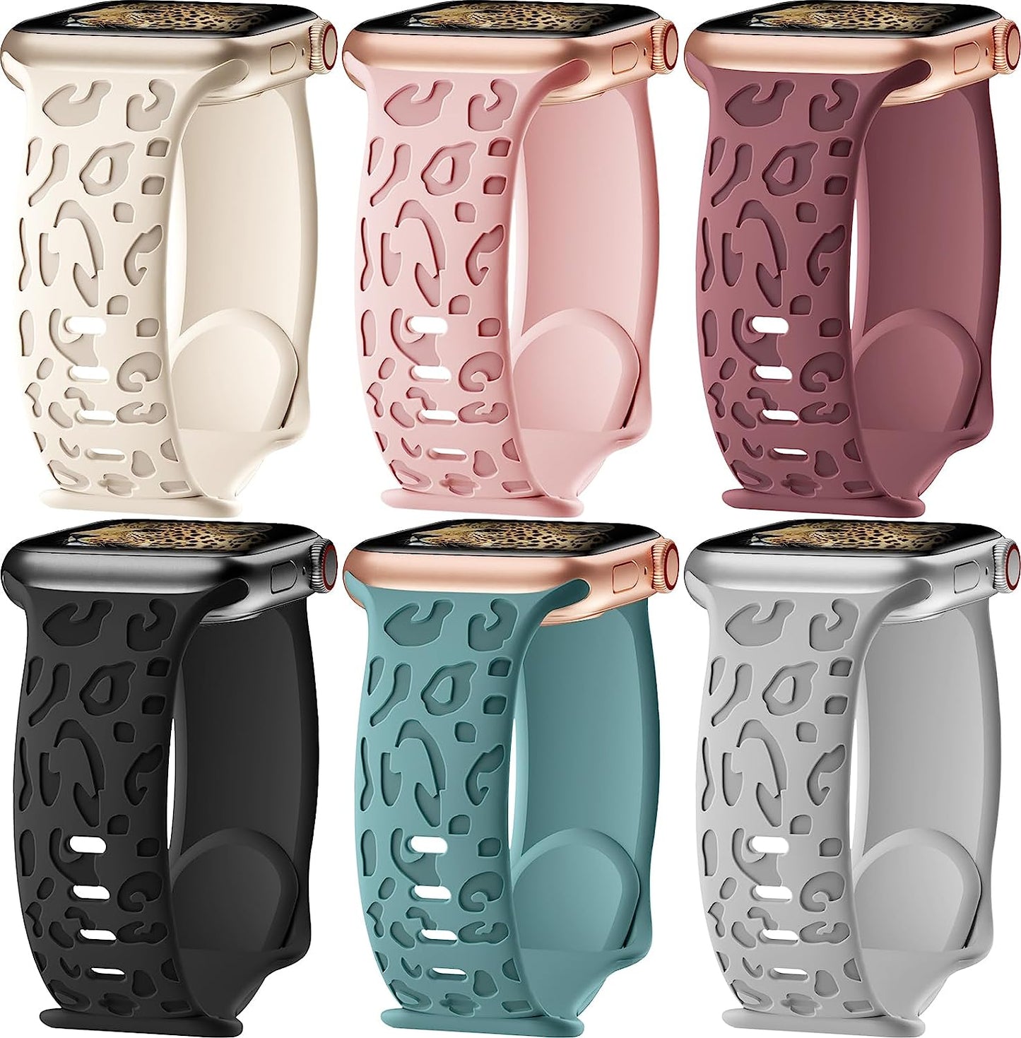 6 Pack Leopard Engraved Bands Compatible with Apple Watch Band 40Mm 44Mm 38Mm 45Mm 49Mm 42Mm Women Men,Waterproof Cheetah Sport Silicone Strap Wristbands for Iwatch SE Ultra Series 8 7 6 5 4 3 2 1  HEARTBOOM A-Black/Dark Pink/Cactus/Starlight/Smoke Violet/Gray 42mm/44mm/45mm/Ultra 49mm 