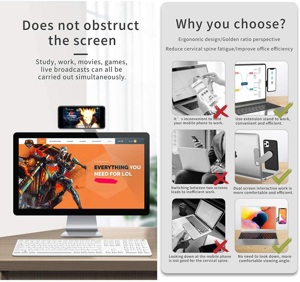 SALEX Laptop Phone Holder. Blue Magnetic Mobile Phone Adjustable Notebook Bracket with Side Mount Clip. Slim Foldable Office Computer Monitor Smartphone Stand. Swivel Magnet Universal Screen Cradle.  SALEX   