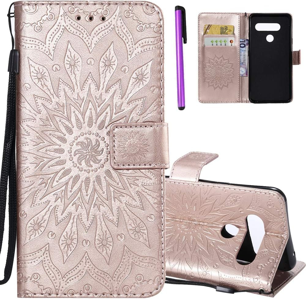 ISADENSER LG V40 Thinq Case LG V40 Flip Case for Women [Wallet Stand] as Case with Shockproof Cards Slot Holder Cash Pockets Magnetic Closure PU Leather Wallet Case Cover for LG V40 Thinq Gray Sun  ISADENSER C] Kt-Sunflower Leather-8  