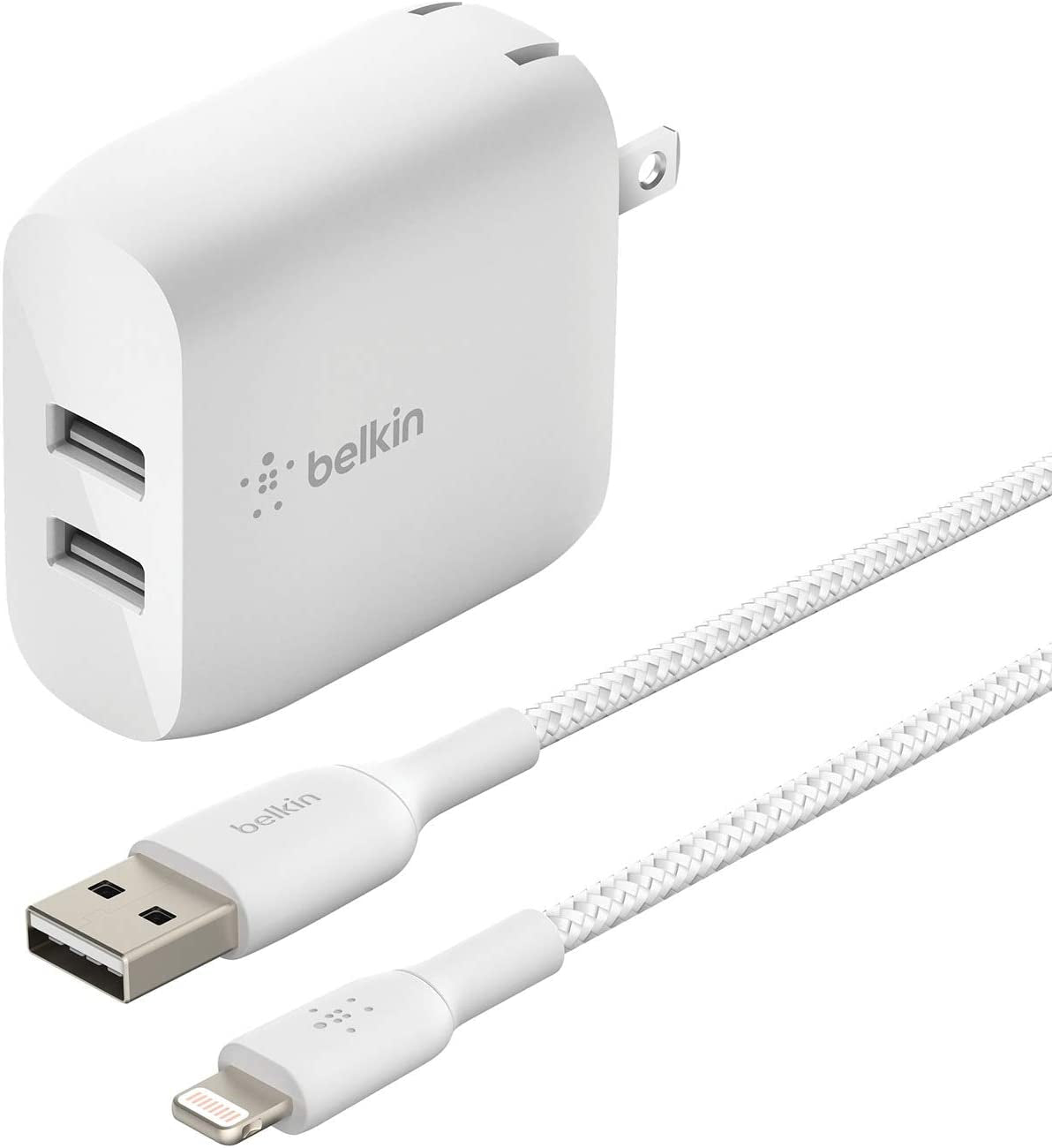 Belkin 24W Dual Port USB Wall Charger - Iphone Fast Charging - USB Charging Block for Power Bank, Iphone 14, Iphone13, Iphone 12, Iphone 11, Ipad Pro, Samsung & More, Iphone Cable Not Included  Belkin Includes Braided Lightning Cable Charger 