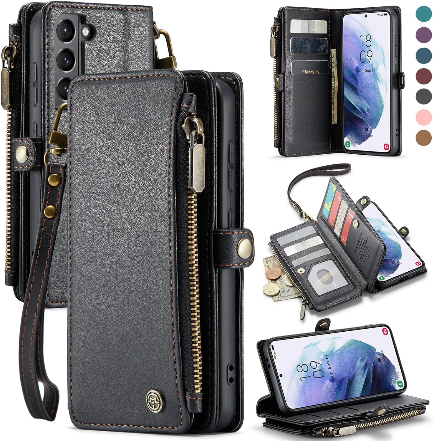 Defencase for Samsung Galaxy S21 Case, RFID Blocking Galaxy S21 Case Wallet for Women and Men with Card Holder, PU Leather Wrist Strap Zipper Pocket Magnetic Flip Phone Case for Samsung S21 5G, Black  Defencase   