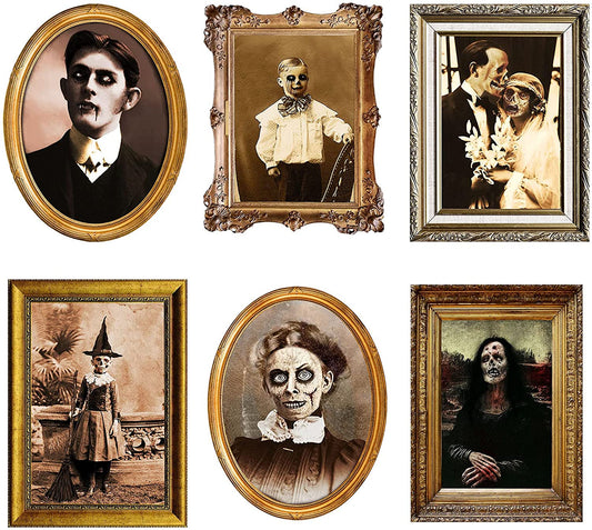 Halloween Decorations 3D Changing Face Horror Pictures Moving Portrait Haunted Pictures Gothic Mansion Portraits Tabletop Picture Frame Scary Wall Decoration for Halloween Party House (Chic,6 PCS)  BBTO   