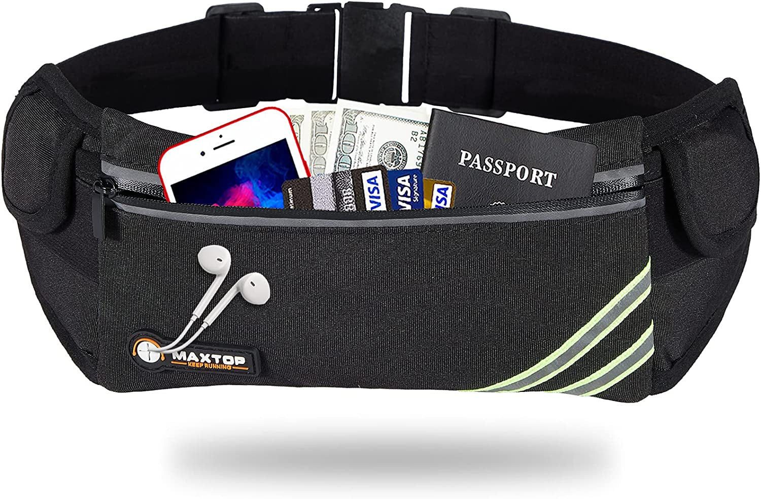 【2 Packs Family Share Bundle】Fanny Packs for Women Men Running Belt Waist Pack Bag for Workout Gym Exercise Walking Hiking Belt Bag Waist Pouch Fits Iphone Cell Phone Holder for Travel Money Belt  MAXTOP A-Black Running Money Belt 