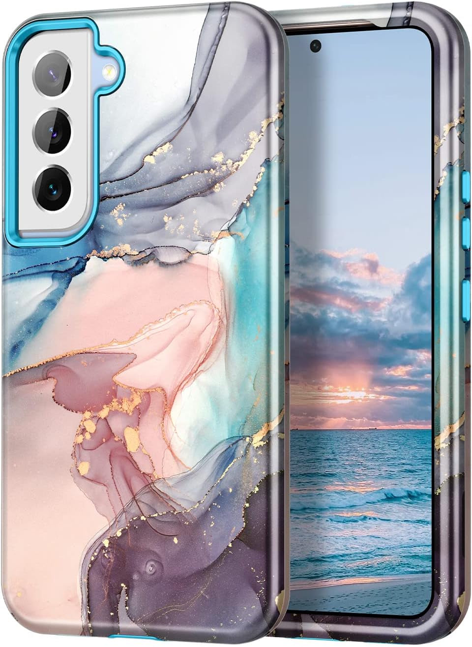 Btscase for Samsung Galaxy S22+/S22 plus 5G Case, Marble Pattern 3 in 1 Heavy Duty Shockproof Full Body Rugged Hard Pc+Soft Silicone Drop Protective Women Girl Covers for S22+/S22 Plus, Blue Gray  Btscase   