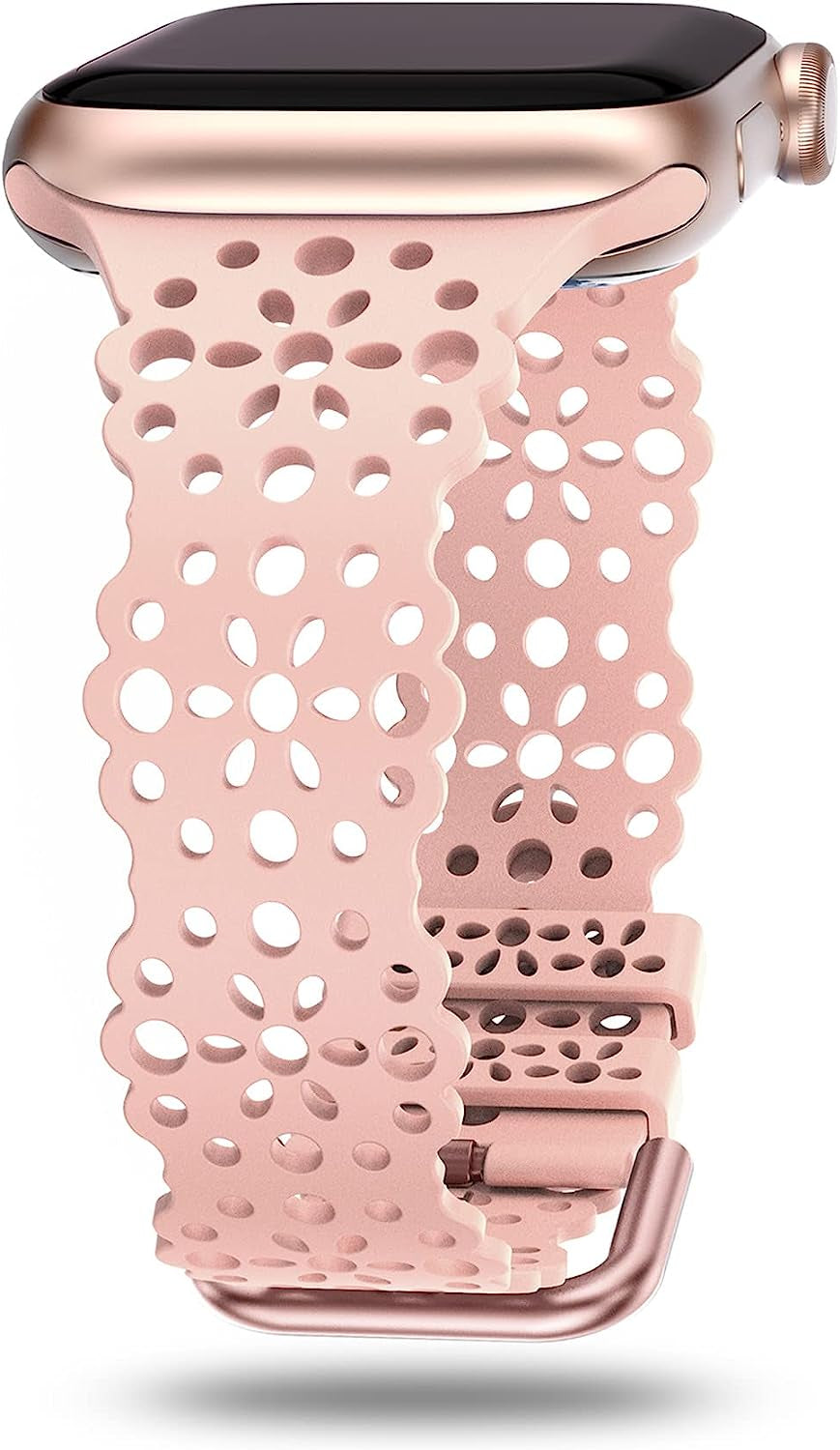 TOYOUTHS Compatible with Apple Watch Band Women 41Mm 40Mm 38Mm Soft Stretchy Silicone Lace Flower Cut-Outs Scalloped Breathable Waterproof Lacy Band for Iwatch Series 8 7 6 5 4 3 2 1 SE  TOYOUTHS Pink 49/45/44/42mm 