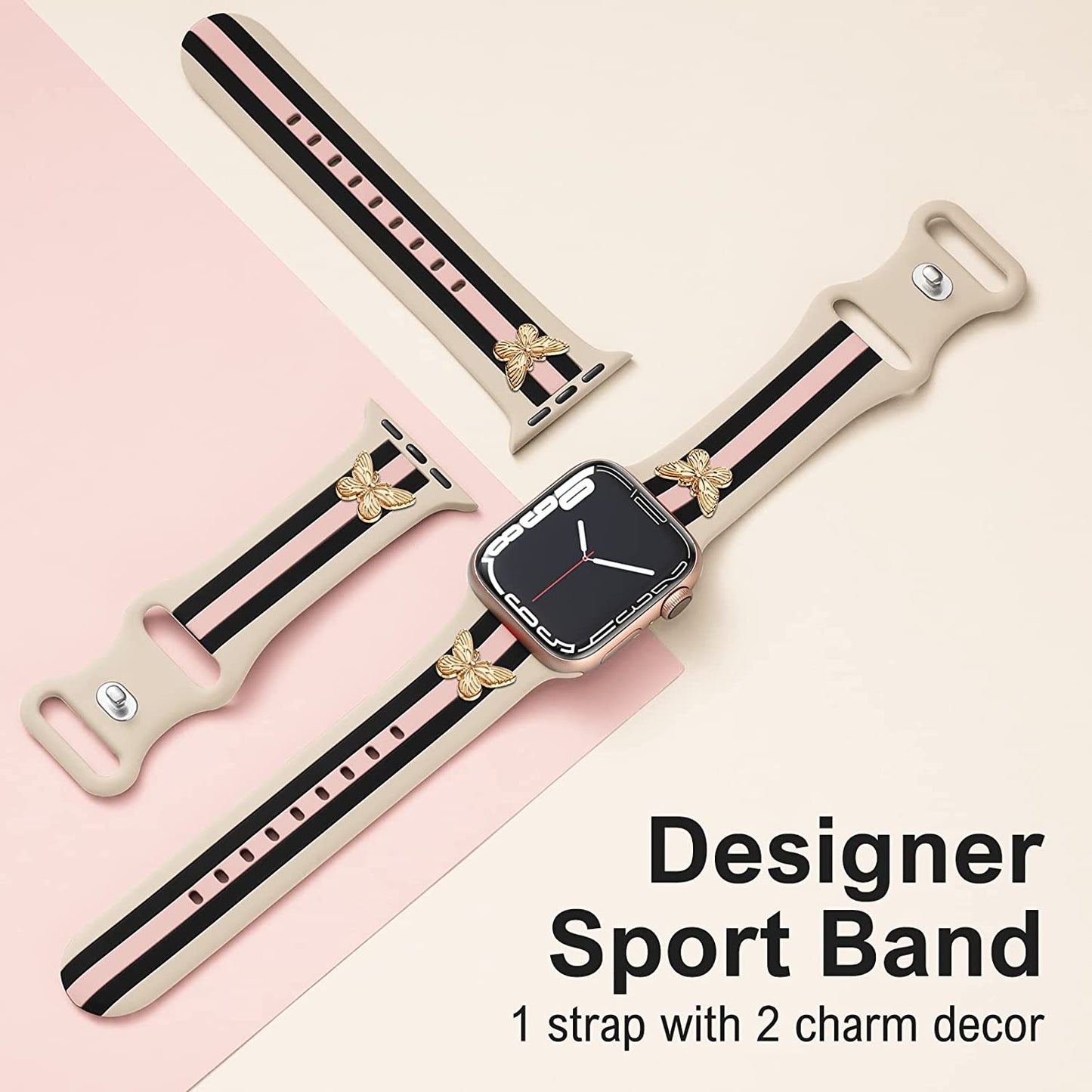 Designer Band with Charms Decor Compatible with Apple Watch Band 38Mm 40Mm 41Mm 42Mm 44Mm 45Mm 49Mm Women Men, Stylish Silicone Sport Wristbands for Iwatch Series 8 7 6 5 4 3 2 1 SE Ultra  Bagoplus   