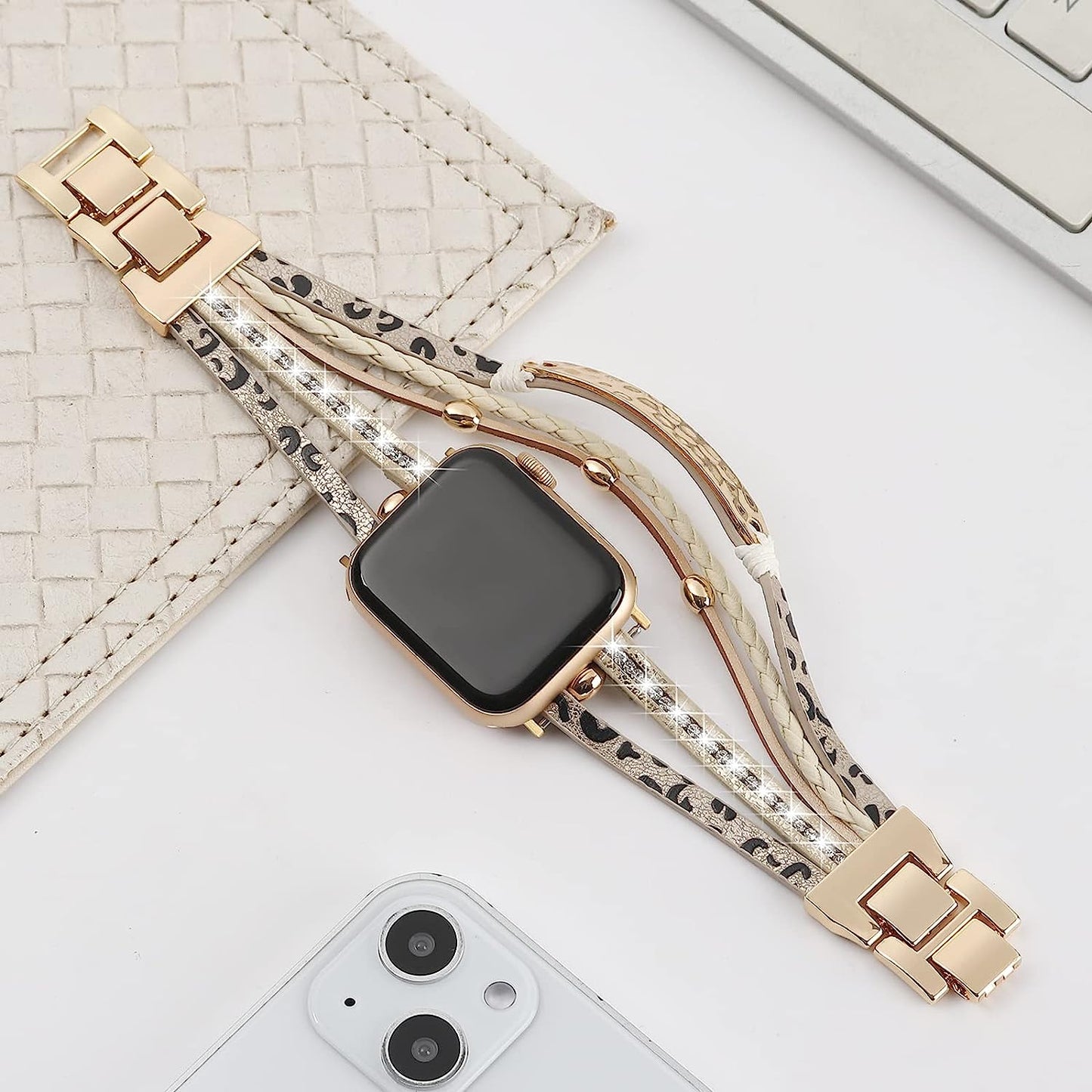 Posh Leather Bands Compatible with Apple Watch Bands 38Mm 40Mm 41Mm for Women Men，Metal Sheets Bracelet Jewelry Warp Strap for Iwatch Series SE 7 6 5 4 3 2 1（Cheetah with Gold）  REALSIGN   