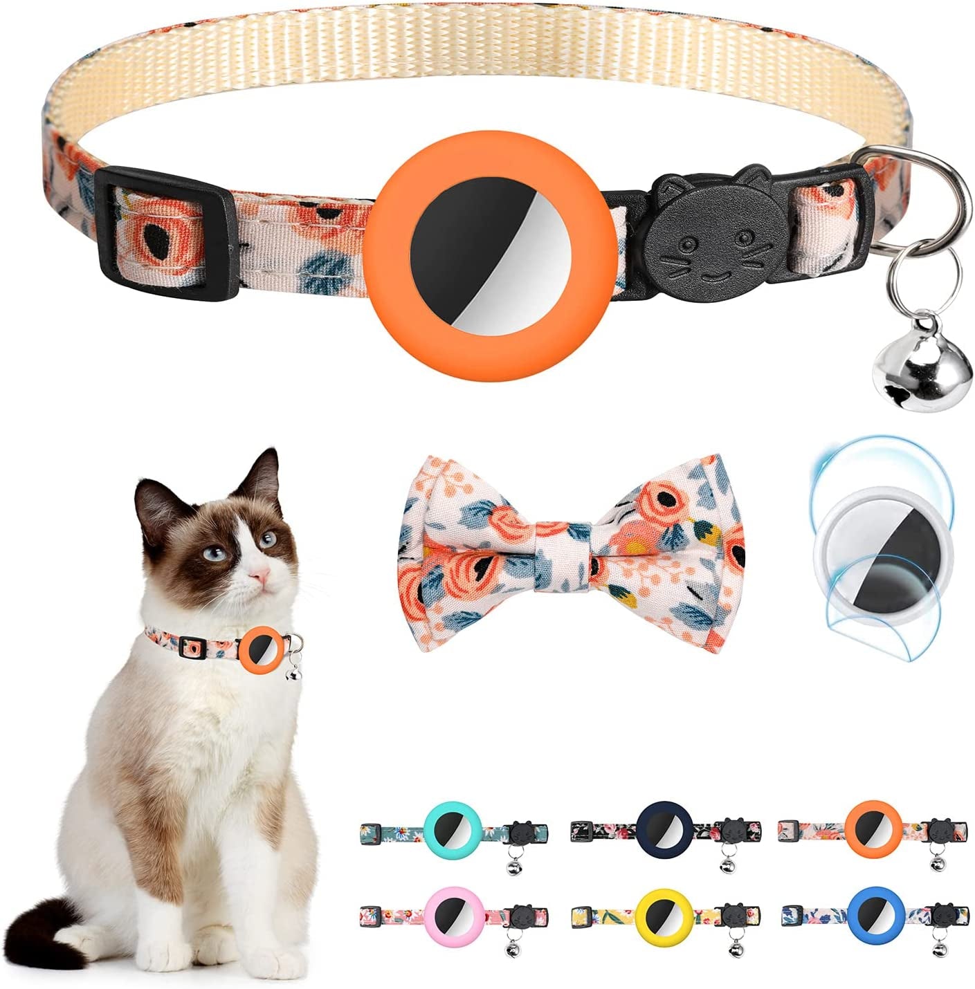 Airtag Cat Collar with Bell Adjustable Breakaway Kitten Collars:- Safety Buckle and Silicone Air Tag Holder Case Compatible with Apple Airtag Geometric Pattern Pet Collar (Pink)  OEBEESA cat collar-Orange  