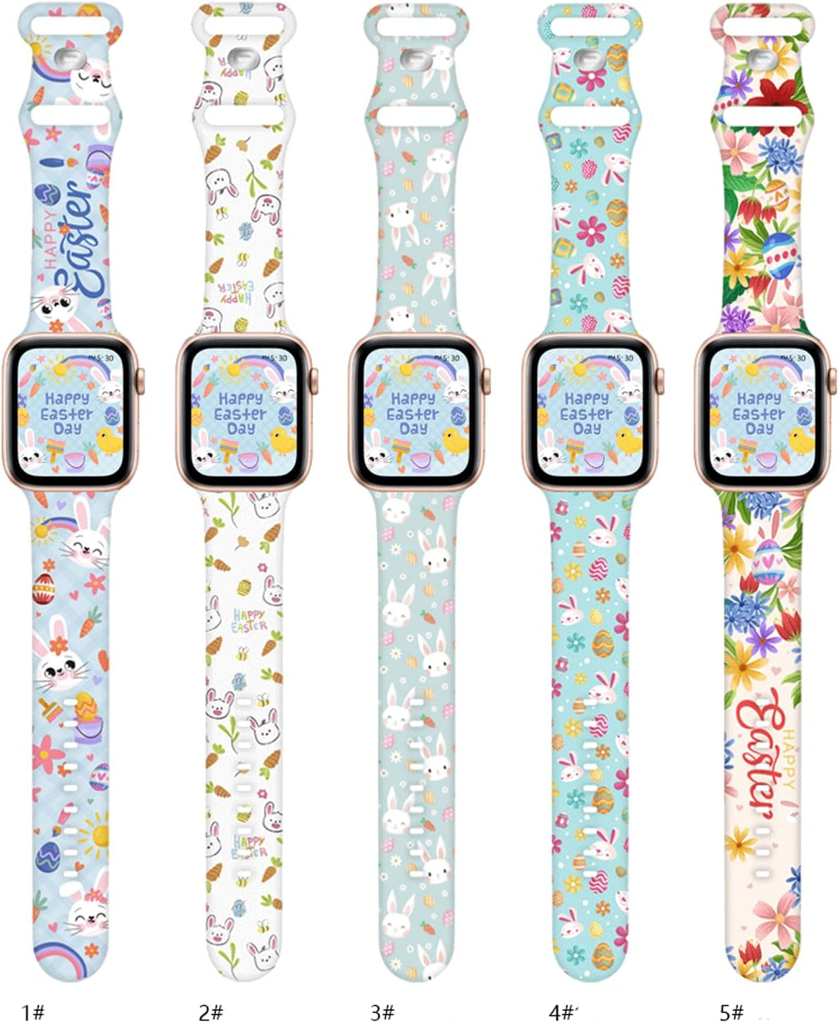 Hi-Yoohere Cute Easter Eggs Bunny Pattern Bands Compatible with Apple Watch 38Mm 40Mm 41Mm S/M, Kids Girls Women Adjustable Soft Silicone Wristband Strap for Iwatch SE & Series 7/6/5/4/3/2/1 (Color 5)  Hi-Yoohere   