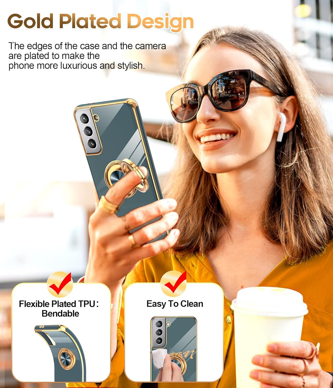 Leyi for Samsung Galaxy S21 plus Case 360° Rotatable Ring Holder Magnetic Kickstand, Plating Rose Gold Edge Protective Case, Grey  LeYi   