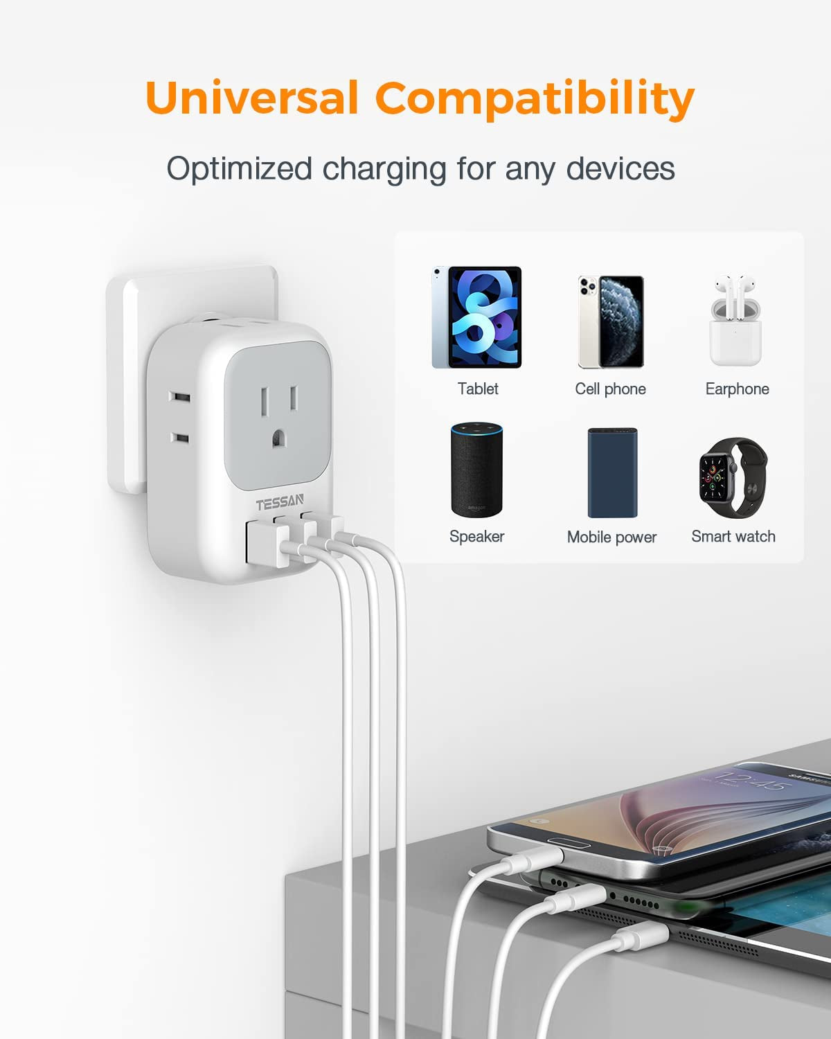 Multi Plug Outlet Extender with USB, TESSAN Electrical 4 Box Splitter 3 USB Wall Charger, Multiple Charging Station for Cruise, Travel, Office, Dorm Essentials  TESSAN   