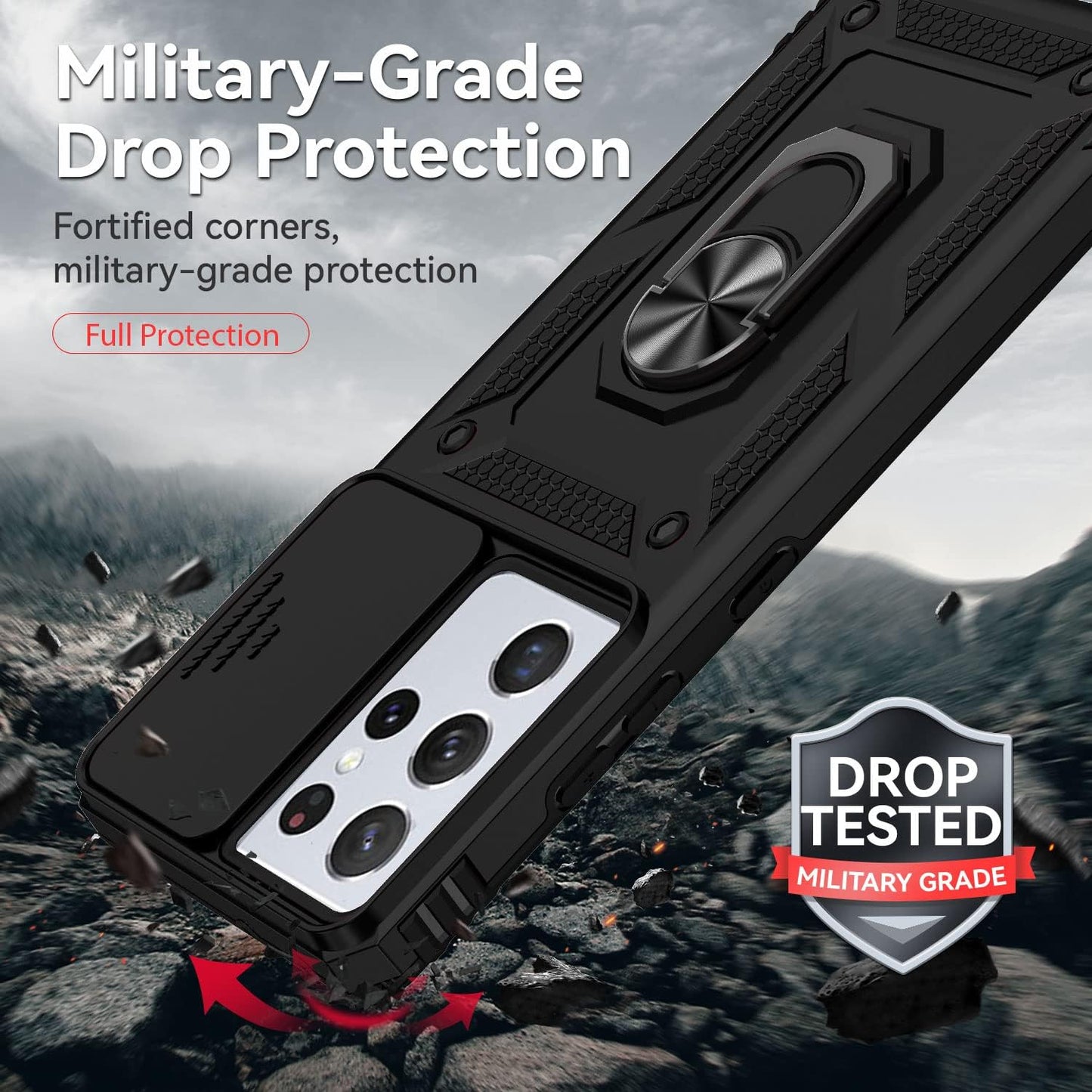 S21 Ultra Case,Samsung Galaxy S21 Ultra Case,With Camera Cover,[Military Grade] 16Ft.Drop Tested Cover with Magnetic Kickstand Protective Case for Galaxy S21 Ultra 6.8 Inch, Black  SKMY   