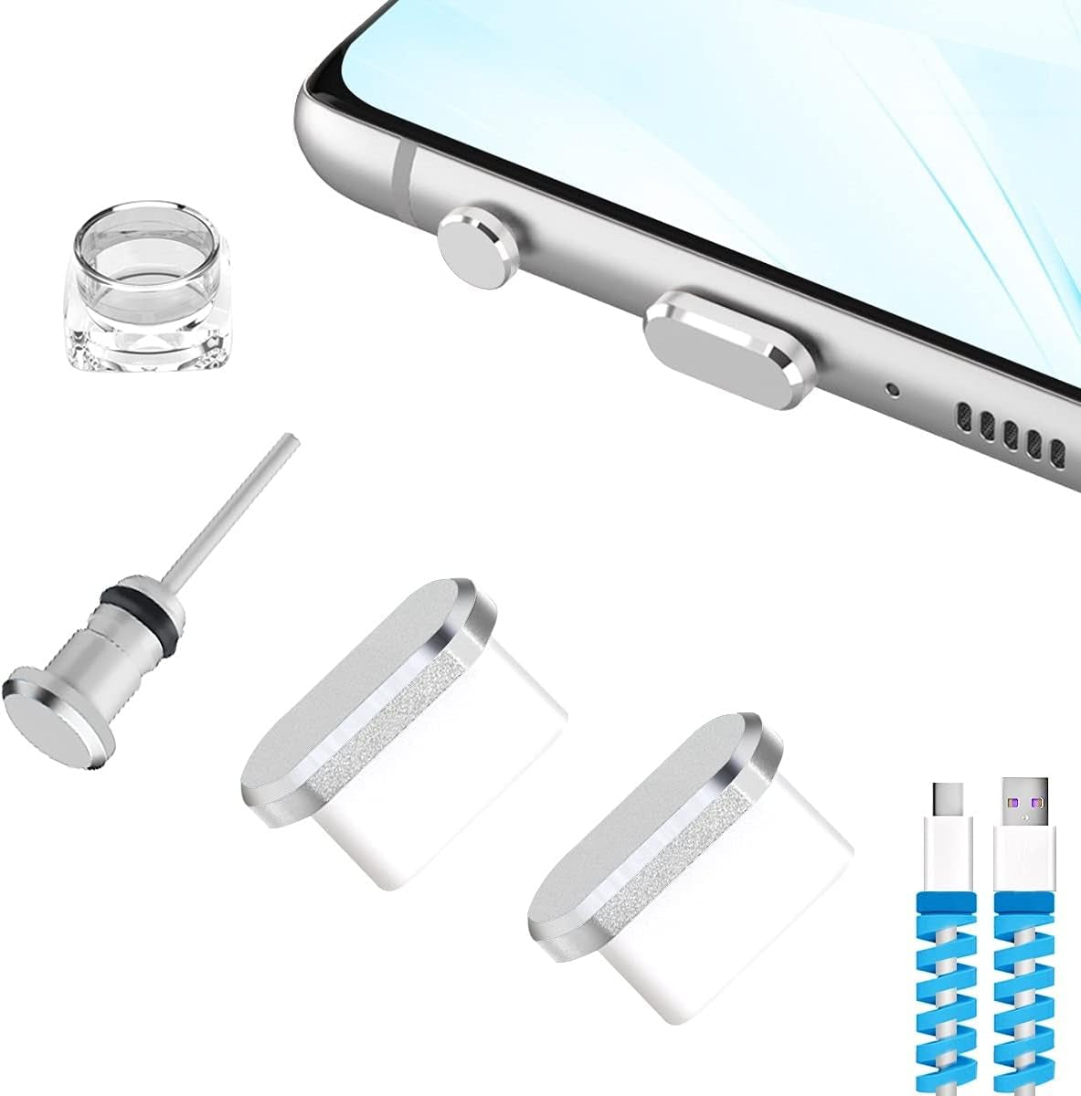 VIWIEU USB Type C Dust Plugs Charging Port Cover Caps with Earphone Jack Pin and Cable Protectors 2 Pack Compatible with Samsung Galaxy S22/S21/S20+ Ultra/Z Flip 4/Z Fold 4, Pixel 6A Oneplus 10T Black  VIWIEU Silver  