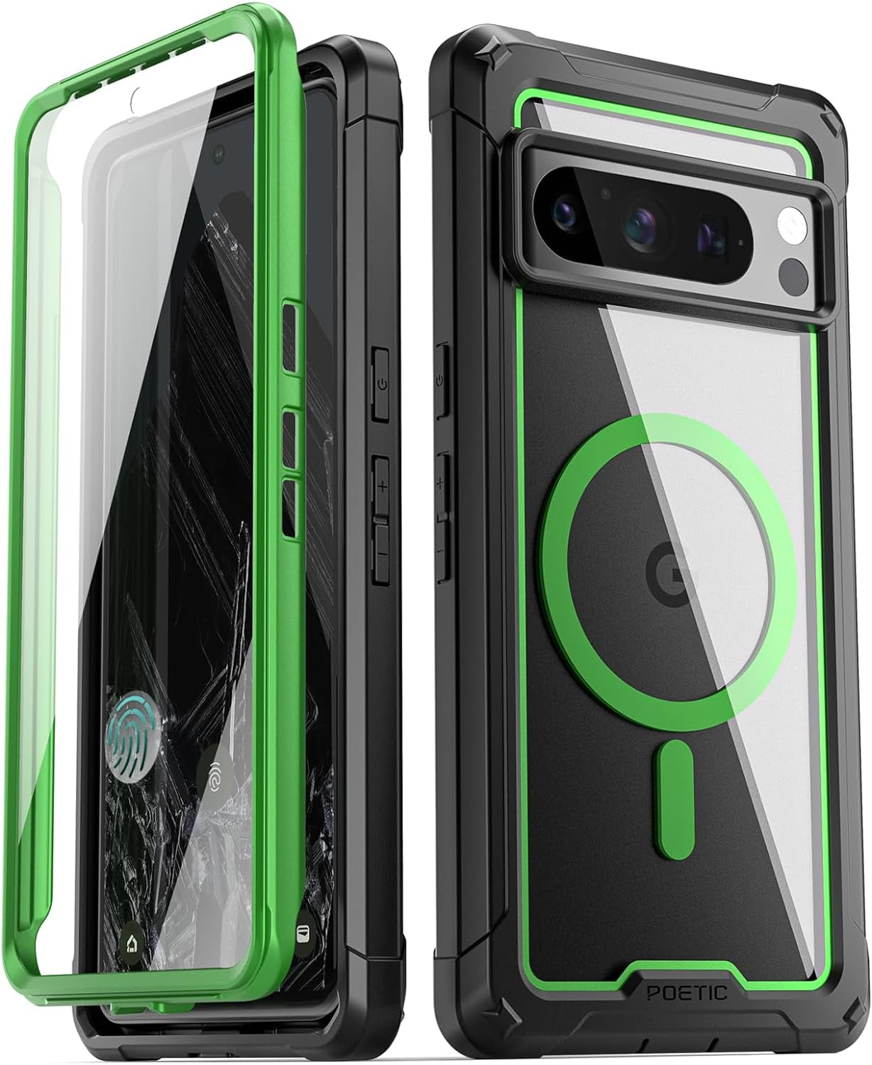 Poetic Guardian Magpro Case for Google Pixel 8 Pro, [Compatible with Magsafe][20Ft Mil-Grade Drop Tested], Built-In Screen Protector Work with Fingerprint Id,Full Body Hybrid Rugged Case, Black/Clear  Poetic Green  